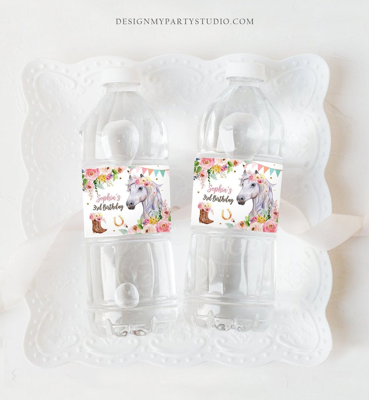 Editable Horse Water Bottle Labels Horse Birthday Decor Cowgirl Pony Party Saddle Up Floral Pink Printable Bottle Label Template Corjl 0408