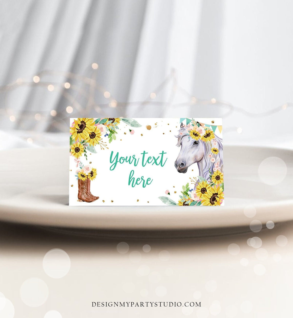 Editable Horse Birthday Food Tent Cards Horse Labels Cowgirl Party Place Cards Girl Sunflowers Pony Saddle Up Printable Template Corjl 0408