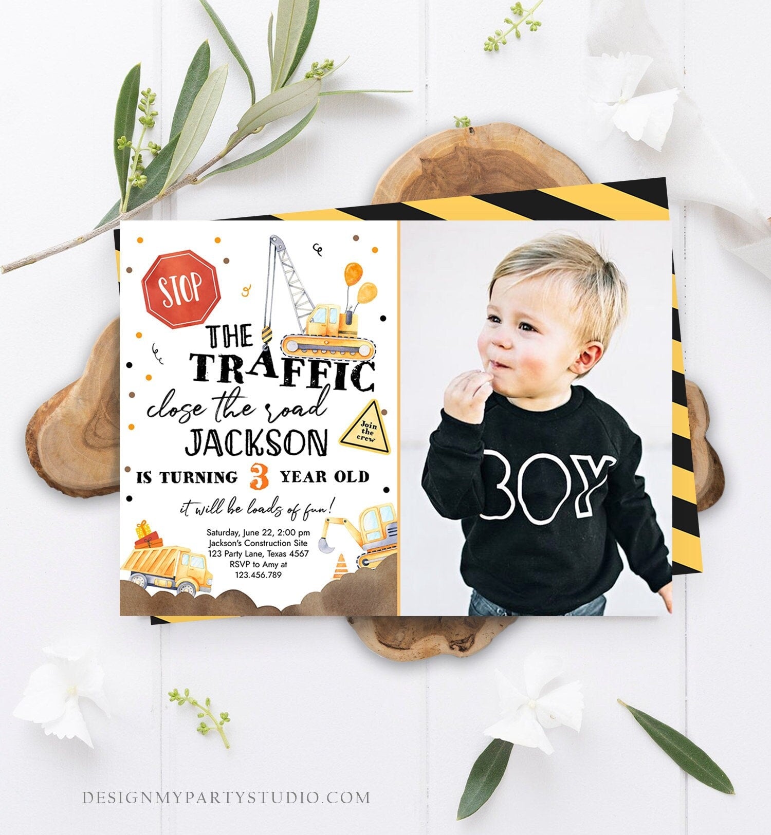 Editable Construction Birthday Invitation Yellow Dump Truck Invite Caution Party Boy Instant Download Printable Template Digital Corjl 0374