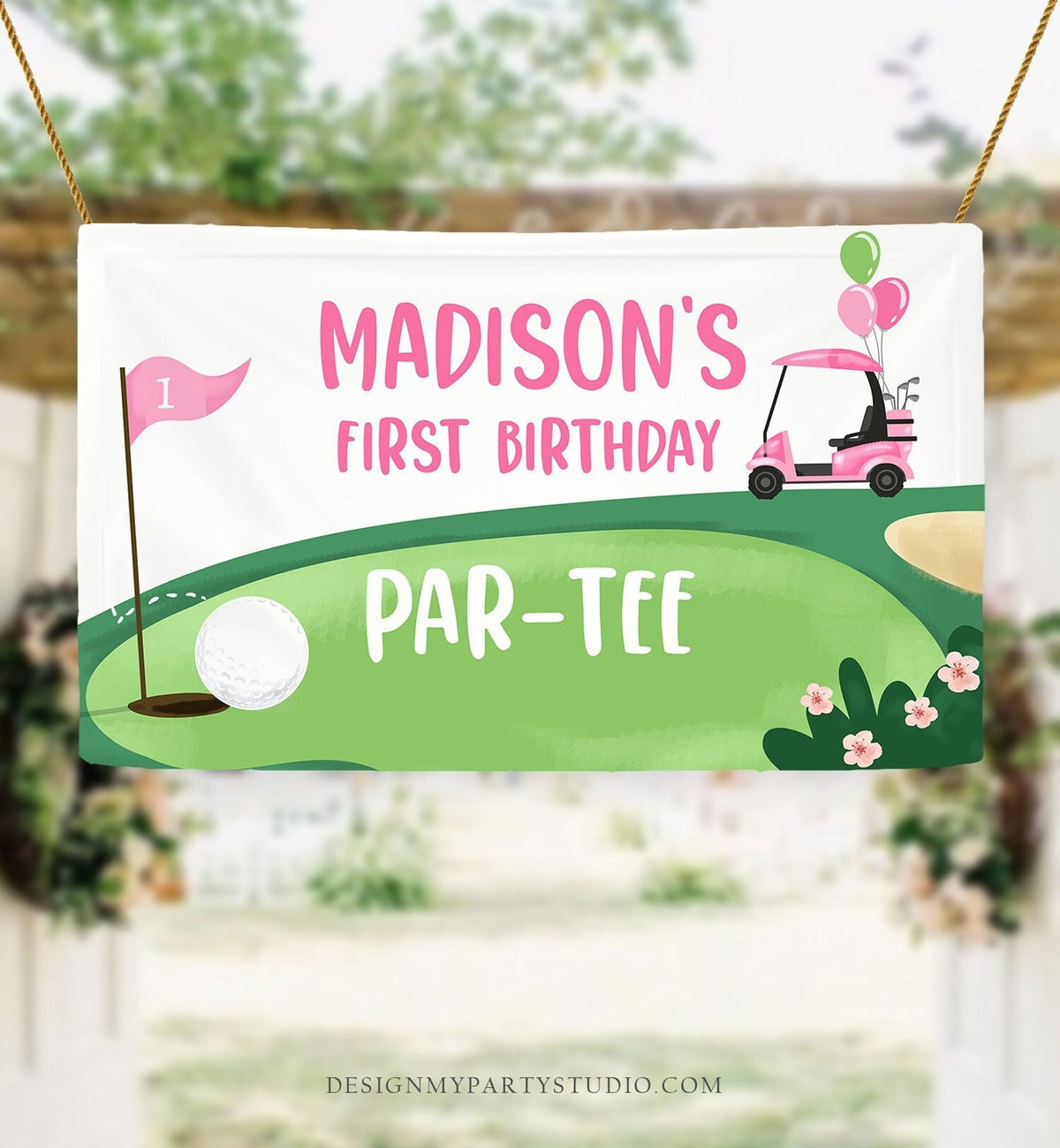 Editable Hole in One Backdrop Banner Golf Birthday Girl First Birthday Par-tee Golfing 1st Golf Party Download Corjl Template Printable 0405