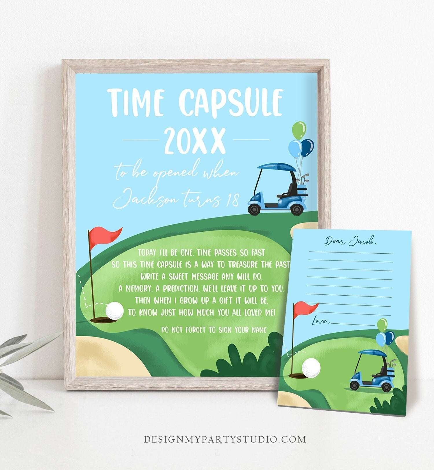 Editable Golf Time Capsule First Birthday Party Hole in One Birthday First Par-tee Guestbook Boy Golfing Template Printable Corjl 0405