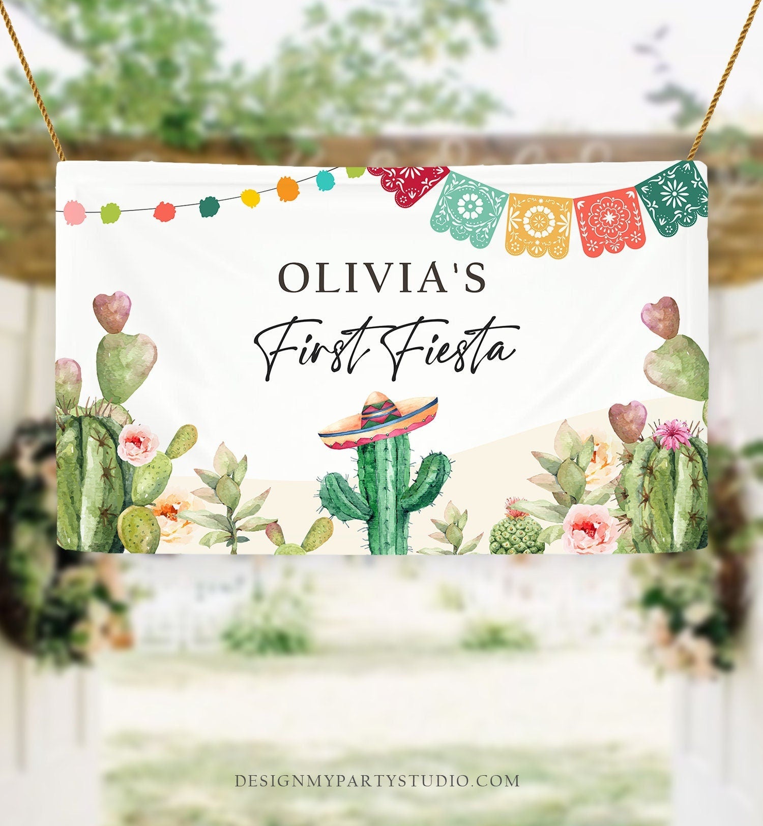 Editable First Fiesta Birthday Backdrop Banner Mexican Cactus Succulent Desert Floral Girl Shower Download Corjl Template Printable 0404