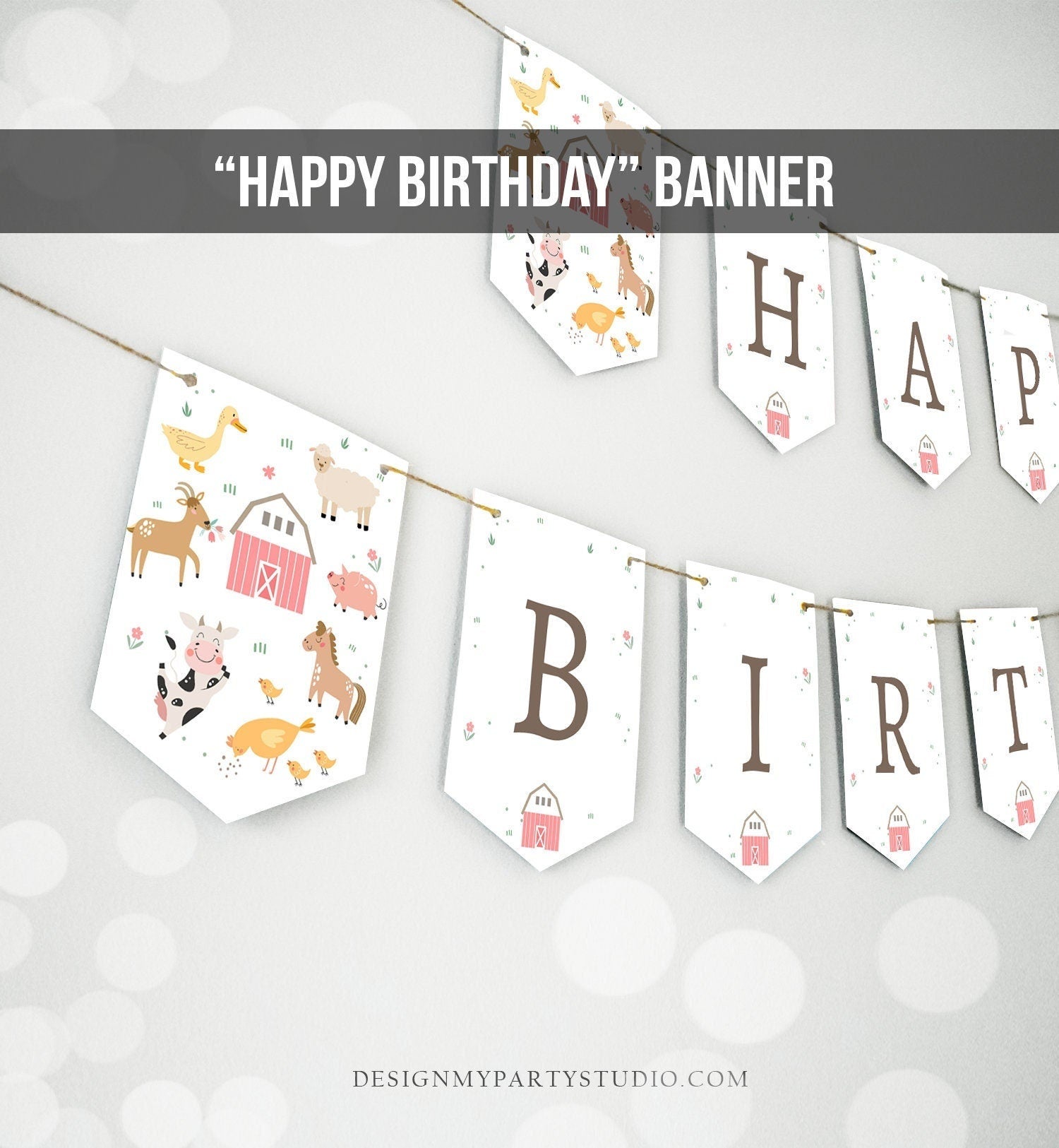 Happy Birthday Banner Pink Farm Birthday Banner Farm Animals Girl Barnyard Birthday Decorations Instant Download PRINTABLE DIGITAL DIY 0436