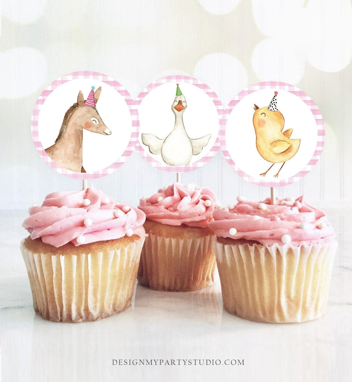 Barnyard Birthday Cupcake Toppers Favor Tags Farm Birthday Party Decoration Girl Farm Animals Pink Stickers download Digital PRINTABLE 0155