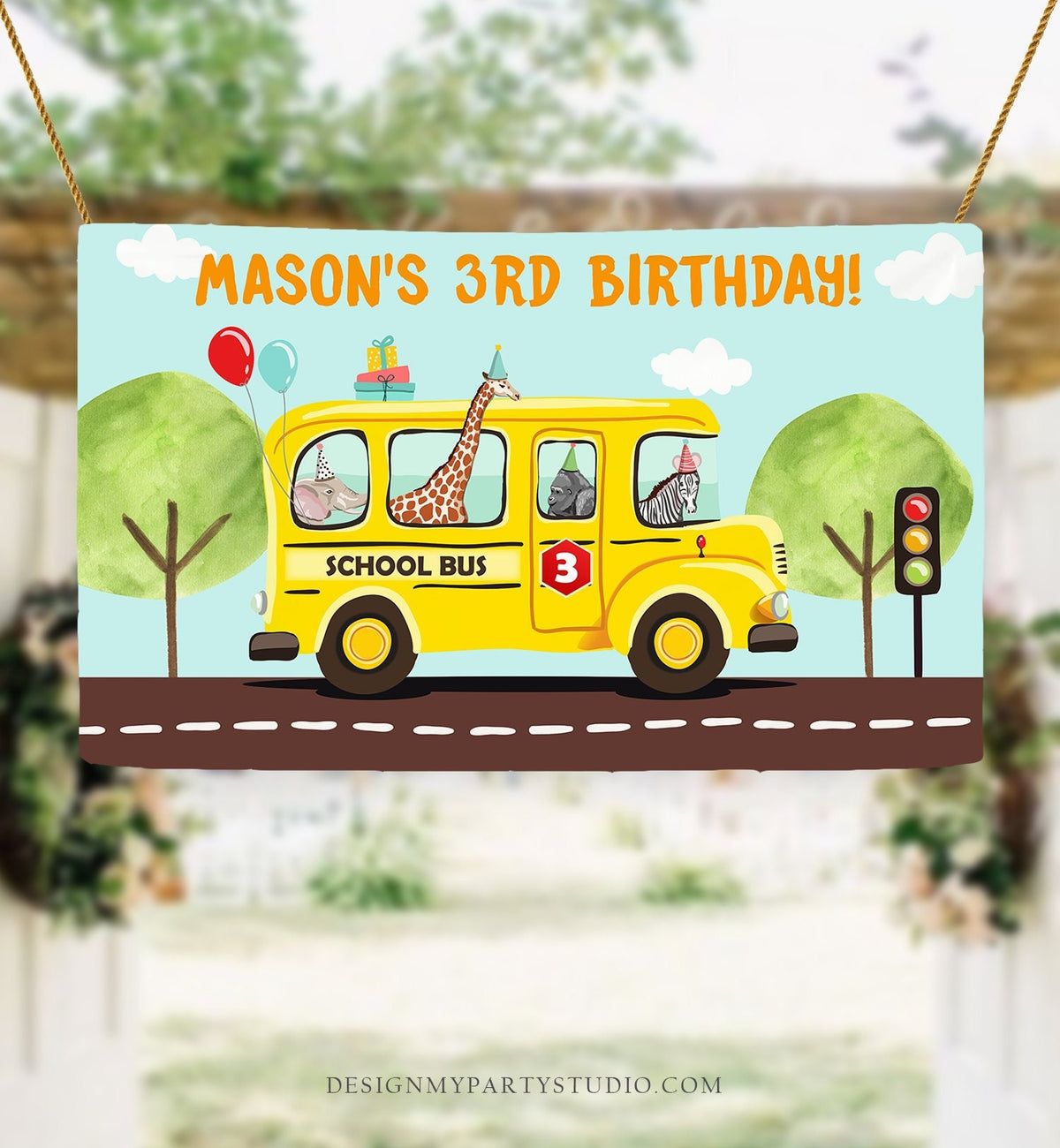 Editable Wheels on the Bus Backdrop Banner School Bus Birthday Boy Wheels on The Bus Birthday Party Download Corjl Template Printable 0325