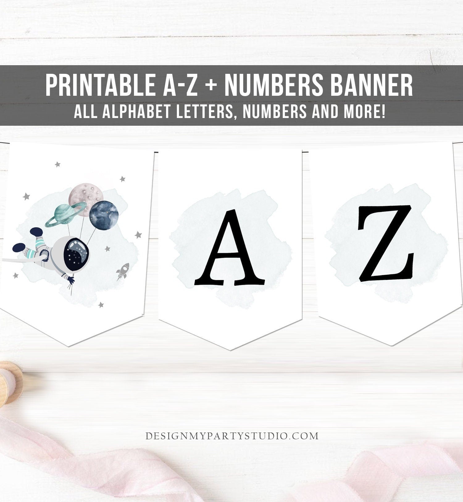 Space Alphabet Banner Letters A to Z Numbers Space Birthday Banner Boy Blue Galaxy Party Decor DIY Baby Shower Banner DIY Printable 0366