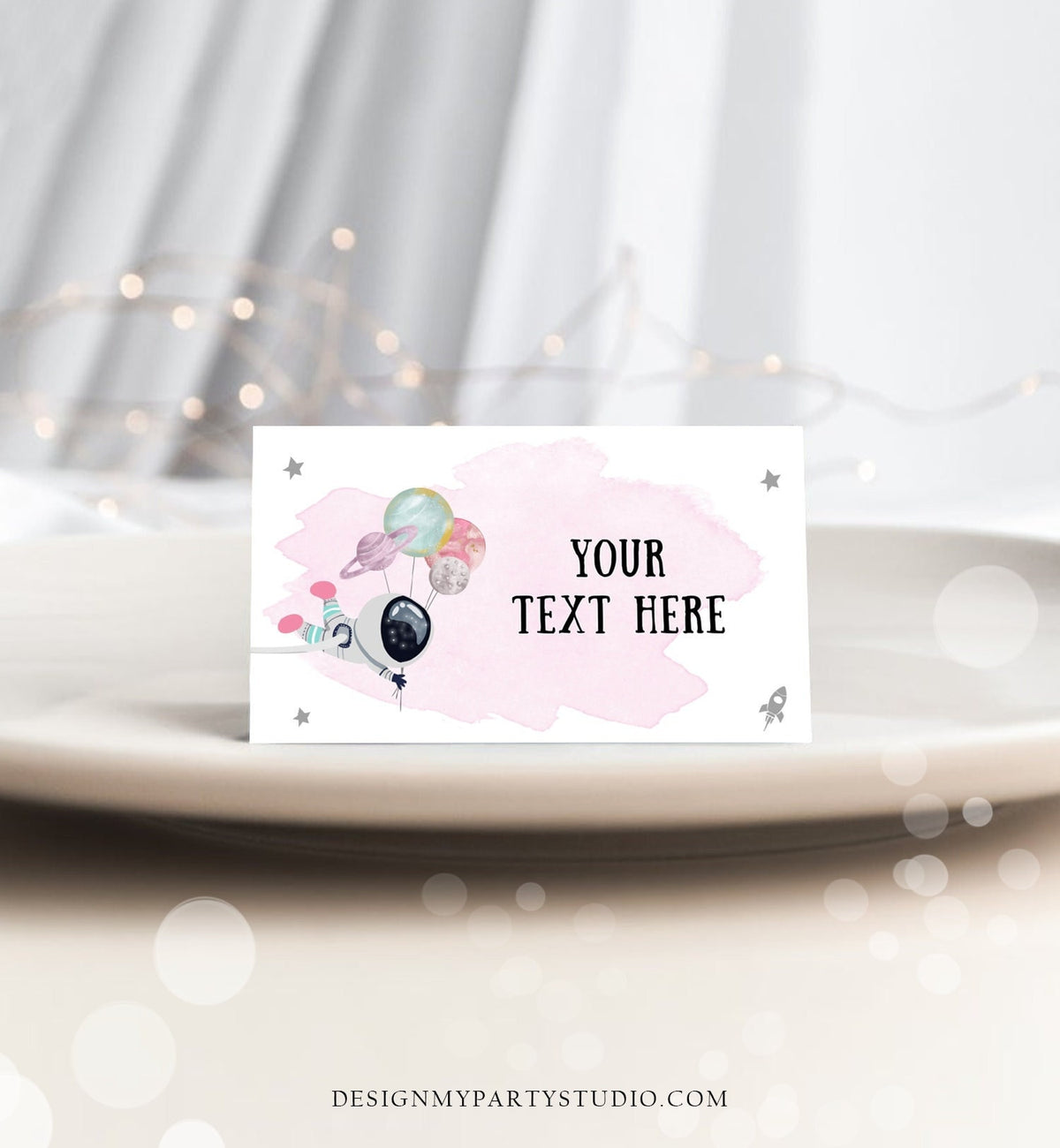 Editable Food Labels Outer Space Astronaut Birthday Galaxy Food Labels Place Card Tent Card Escort Card Girl Pink Silver Corjl Template 0366