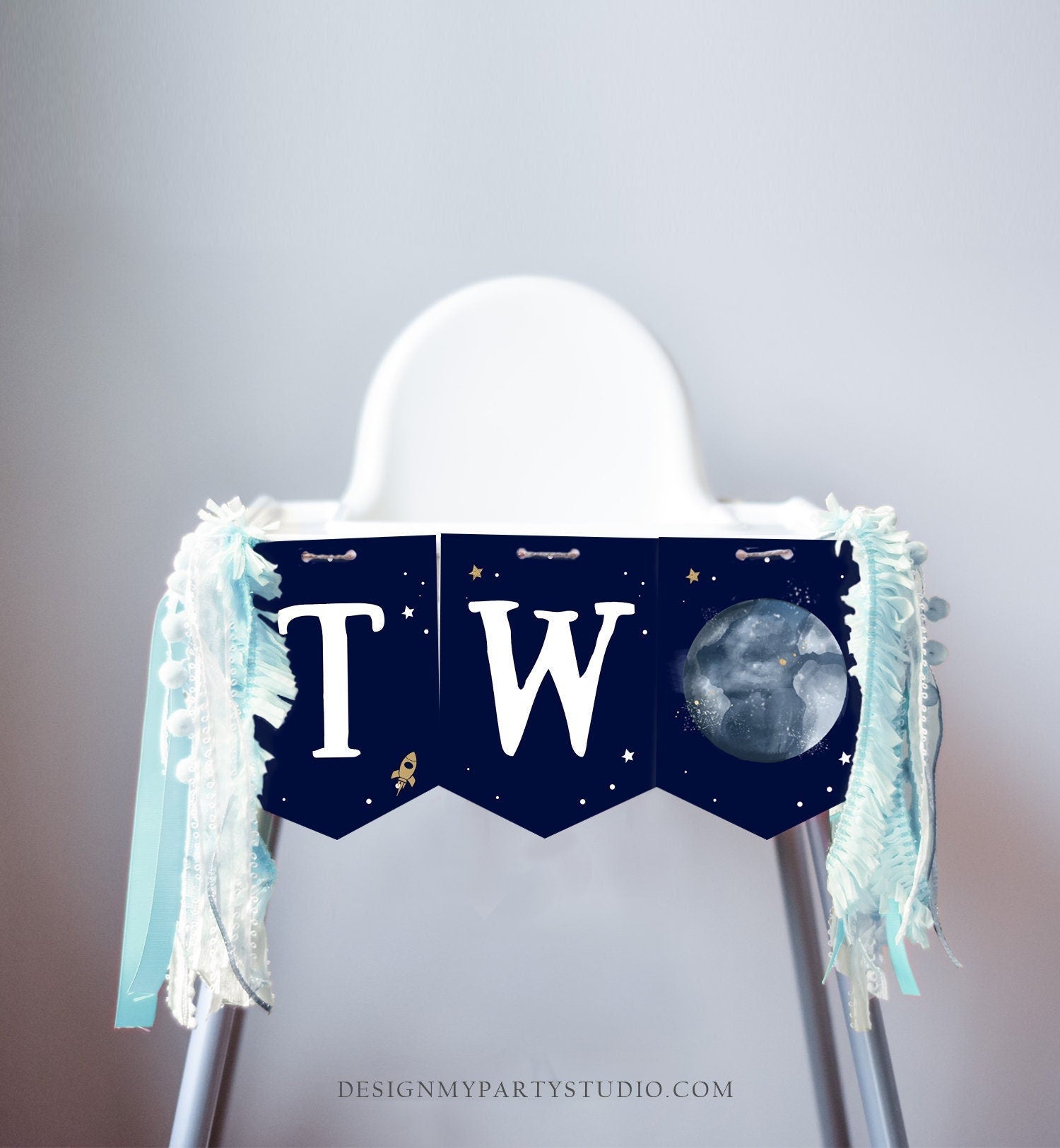 Outer Space Planets High Chair Banner Astronaut Rocket 2nd Birthday Boy High Chair TWO the Moon Banner Party Decor PRINTABLE Digital 0357