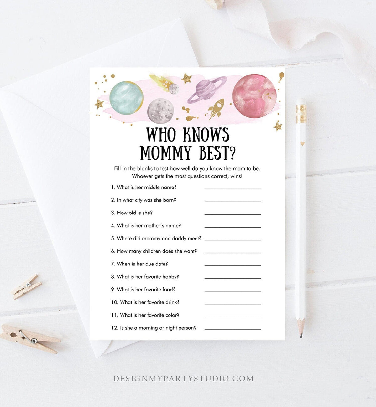 Editable Who Knows Mommy Best Baby Shower Game Outer Space Planets Houston We Have a Girl Rocket Gold Activity Corjl Template Printable 0357