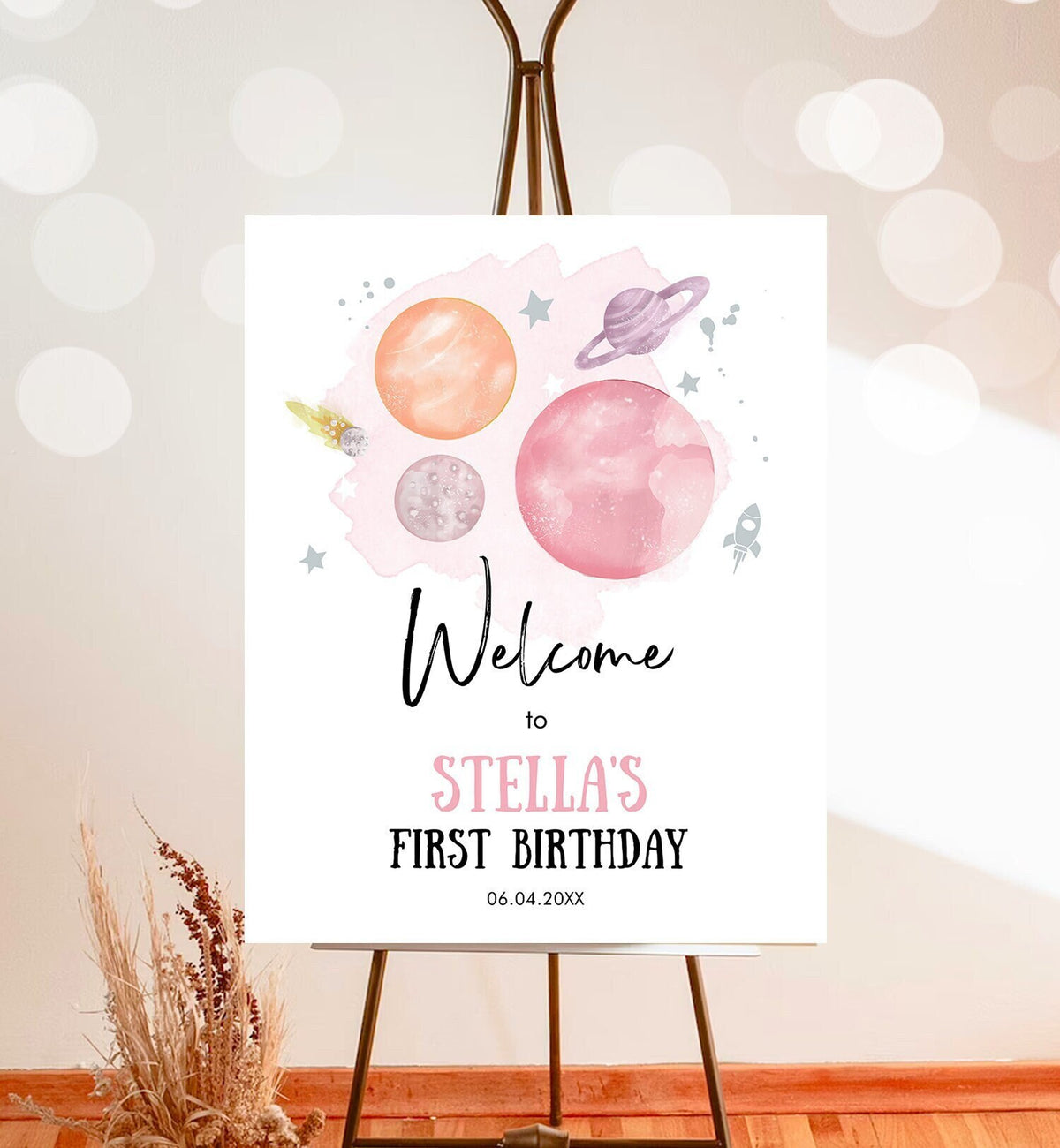 Editable Outer Space Birthday Welcome Sign 1st Birthday Girl Pink Orange Galaxy Planets Trip Around the Sun Template PRINTABLE Corjl 0357