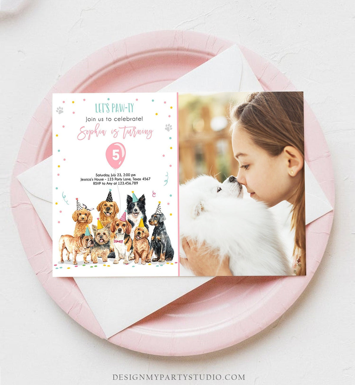 Editable Puppy Birthday Invitation Dogs Birthday Party Invite Pink Girl Watercolor Let&#39;s Pawty Dog Download Printable Template Corjl 0384