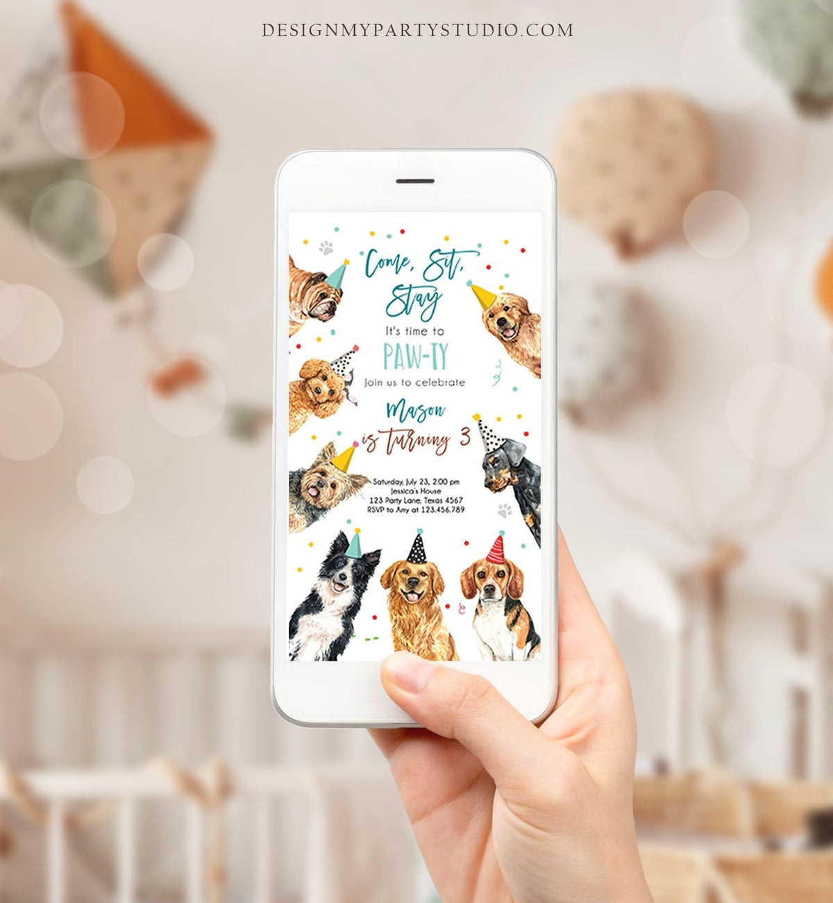 Editable Dog Birthday Party Evite Puppy Birthday Invite Boys Blue Doggy Shelter Animal Pet Vet Download Phone Electronic Template Corjl 0384