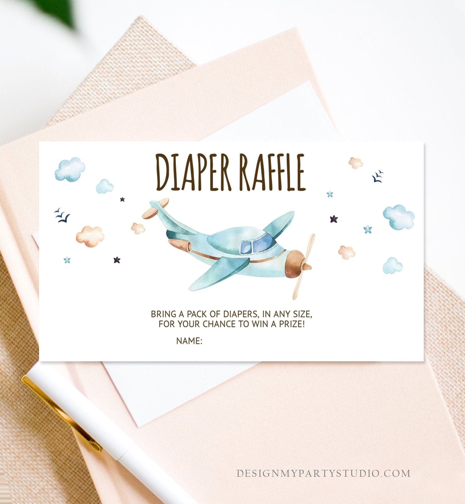 Editable Diaper Raffle Ticket Airplane Baby Shower Travel Adventure Diaper Game Blue Plane Diaper Ticket Game Corjl Template Printable 0185