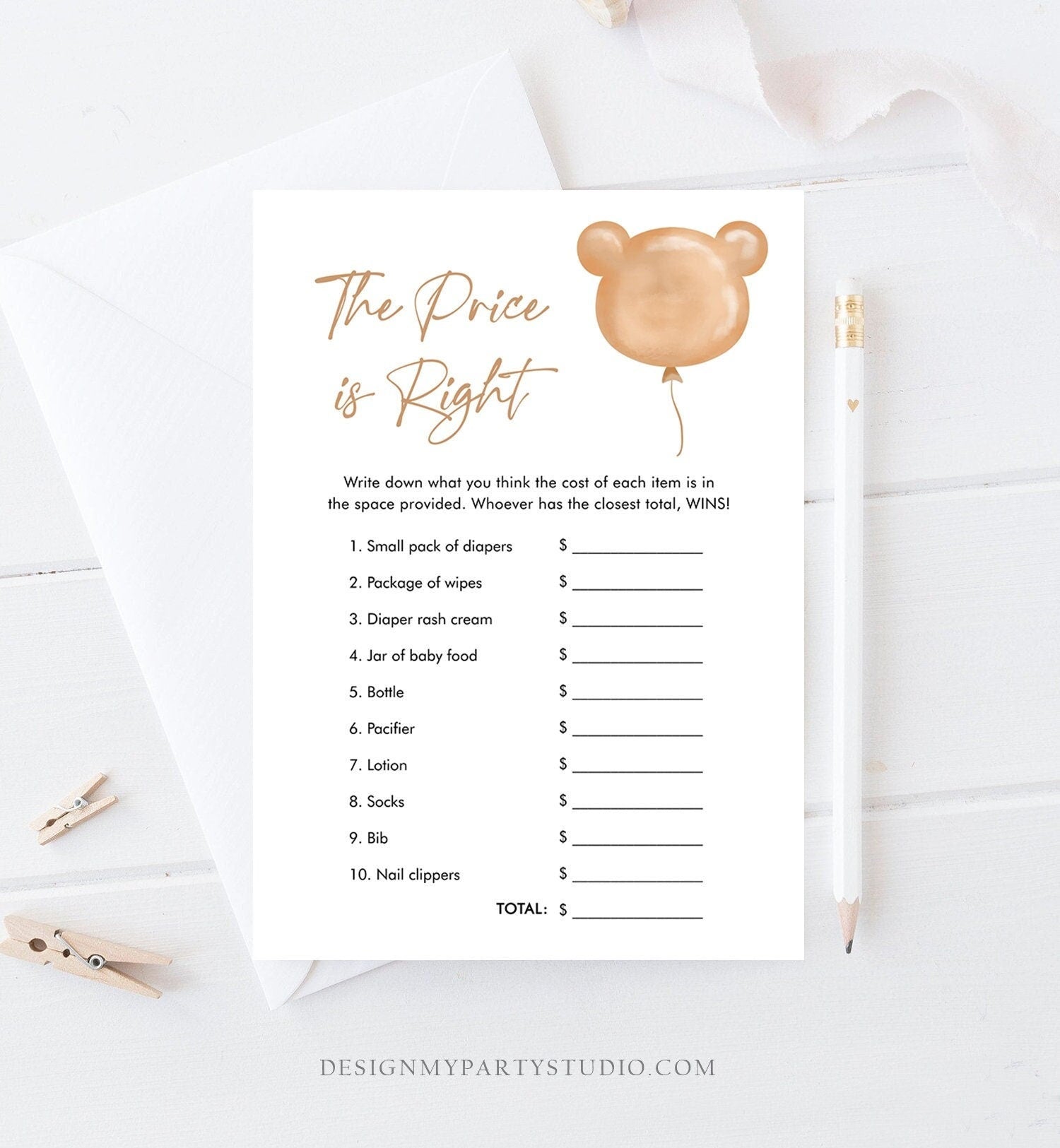 Editable The Price is Right Baby Shower Game Modern Bear Cute Teddy Bear Baby Shower Boho Bearly Wait Boy Girl Corjl Template Printable 0439