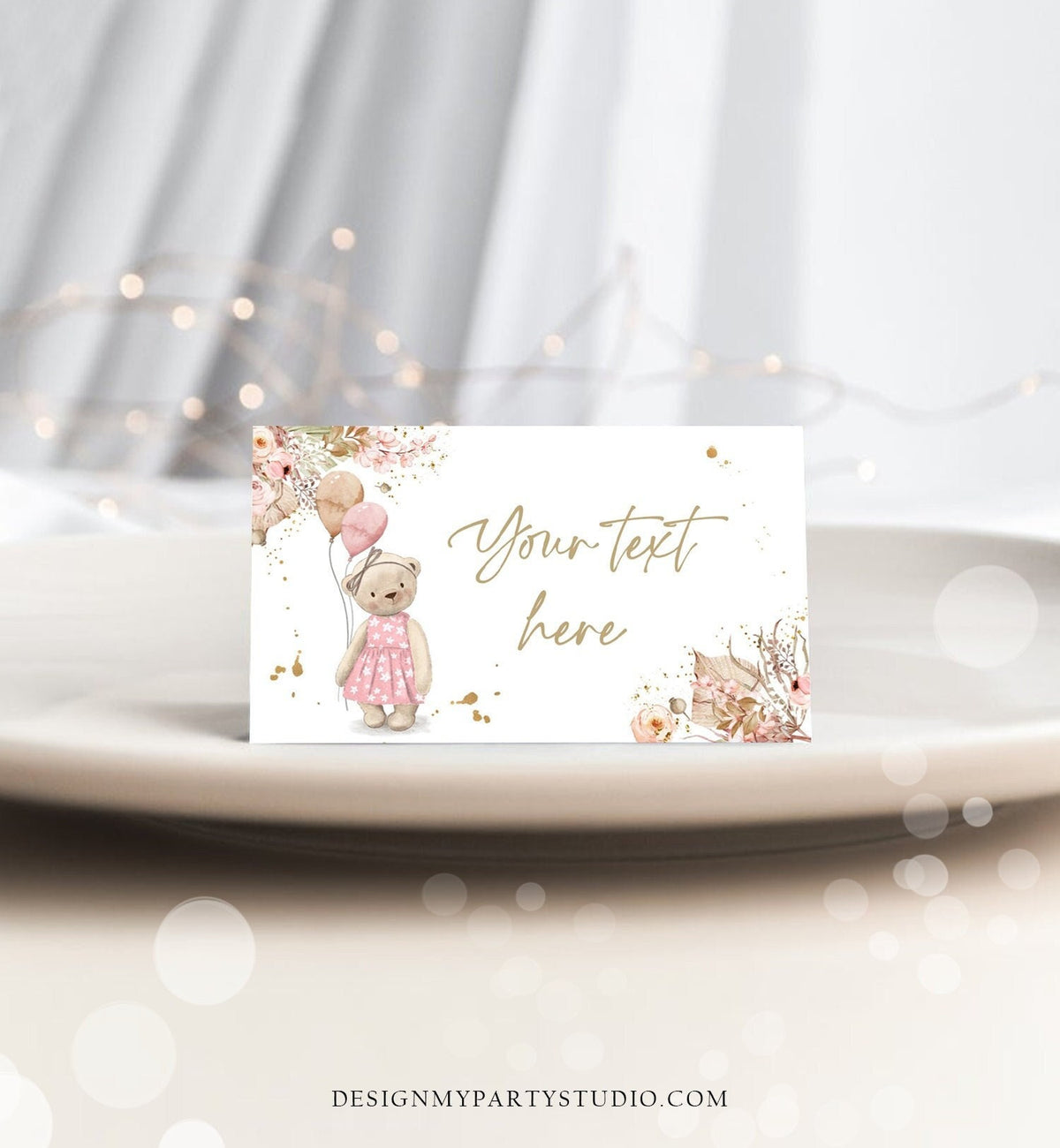 Editable Food Labels Boho Teddy Bear Baby Shower Place Card Tent Card Escort Card Pink Girl Pampas Grass Bearly Wait Template Corjl 0421