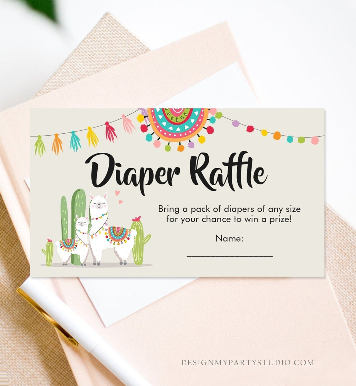 Editable Llama Baby shower Diaper raffle card Fiesta Gender Neutral Baby shower Diaper Game Succulent Mexican Diaper ticket PRINTABLE 0079