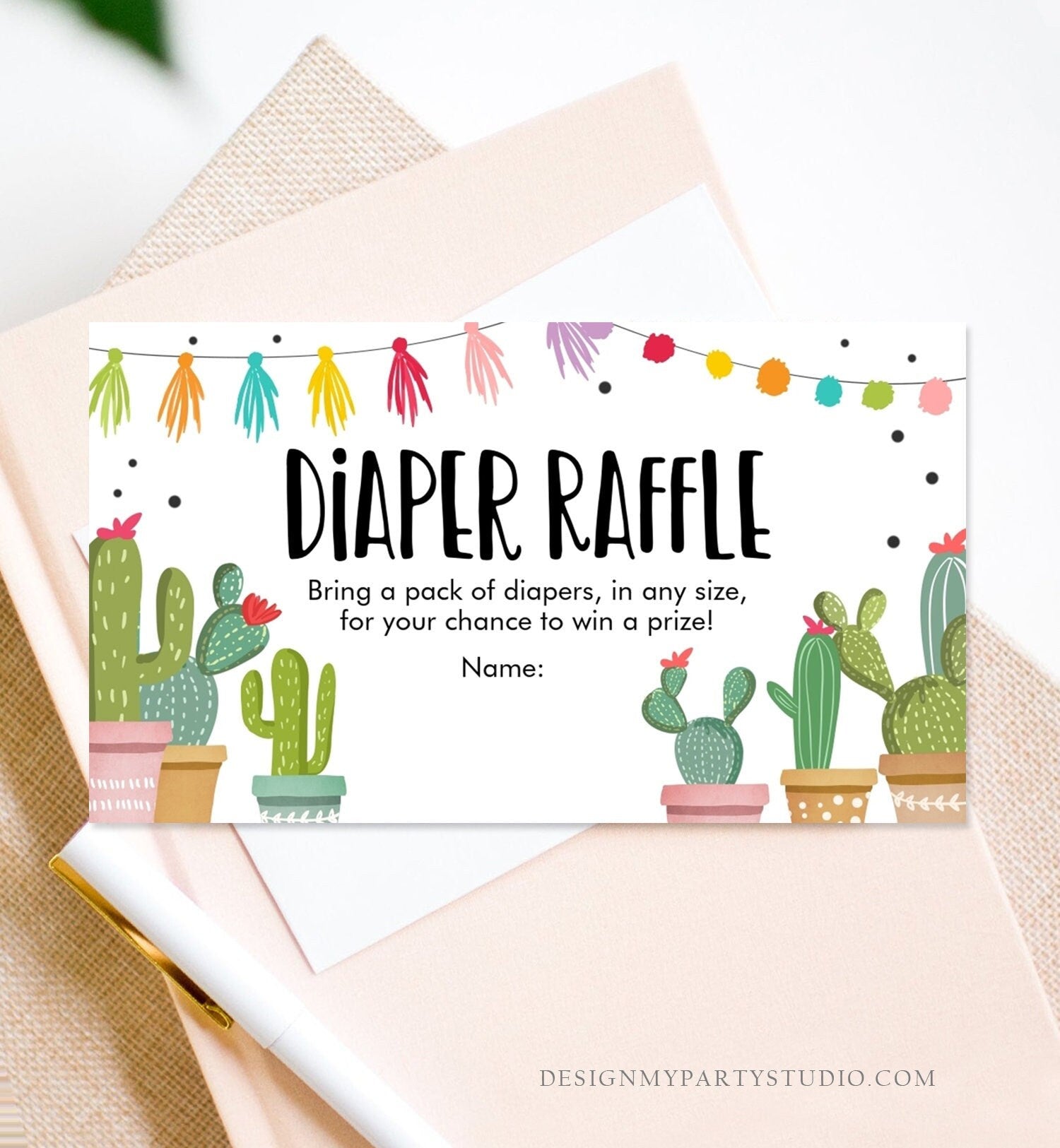 Editable Cactus Diaper Raffle Ticket Cactus Fiesta Baby Shower Diaper Game Succulent Diaper Ticket Shower Game Corjl Template Printable 0254