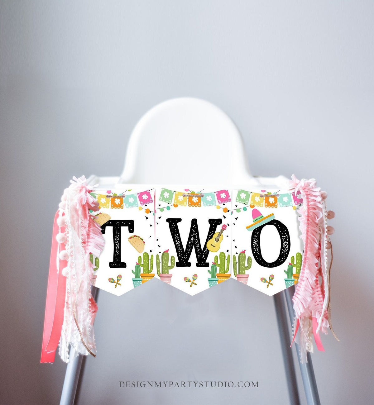 Fiesta High Chair Banner 2nd Birthday Girl High Chair TWO Banner Taco Twosday Mexican Party Pink Cactus Cinco de Mayo PRINTABLE Digital 0161