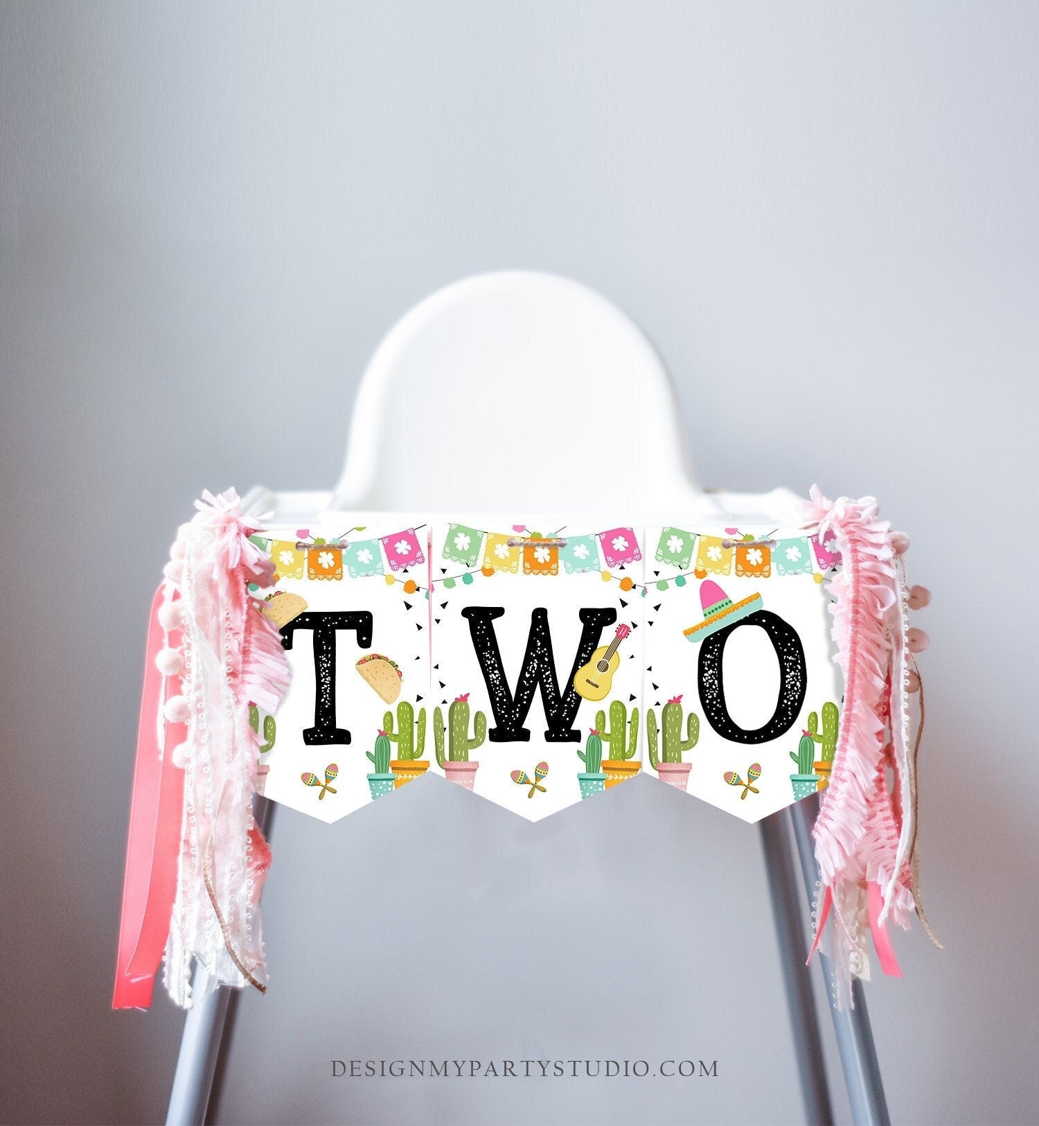 Fiesta High Chair Banner 2nd Birthday Girl High Chair TWO Banner Taco Twosday Mexican Party Pink Cactus Cinco de Mayo PRINTABLE Digital 0161