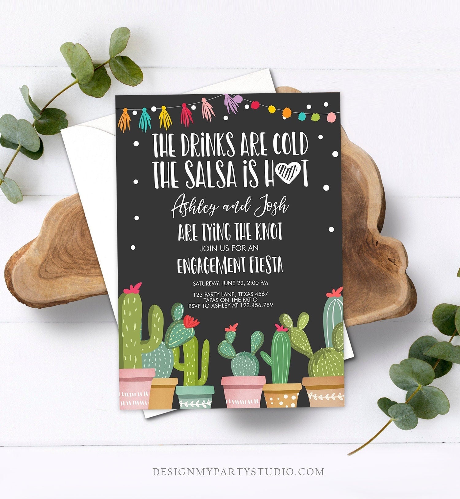 Editable Fiesta Engagement Invitation Bridal Shower Couples Shower Cactus Drinks Cold Salsa is Hot Tying Knot Printable Corjl Template 0254