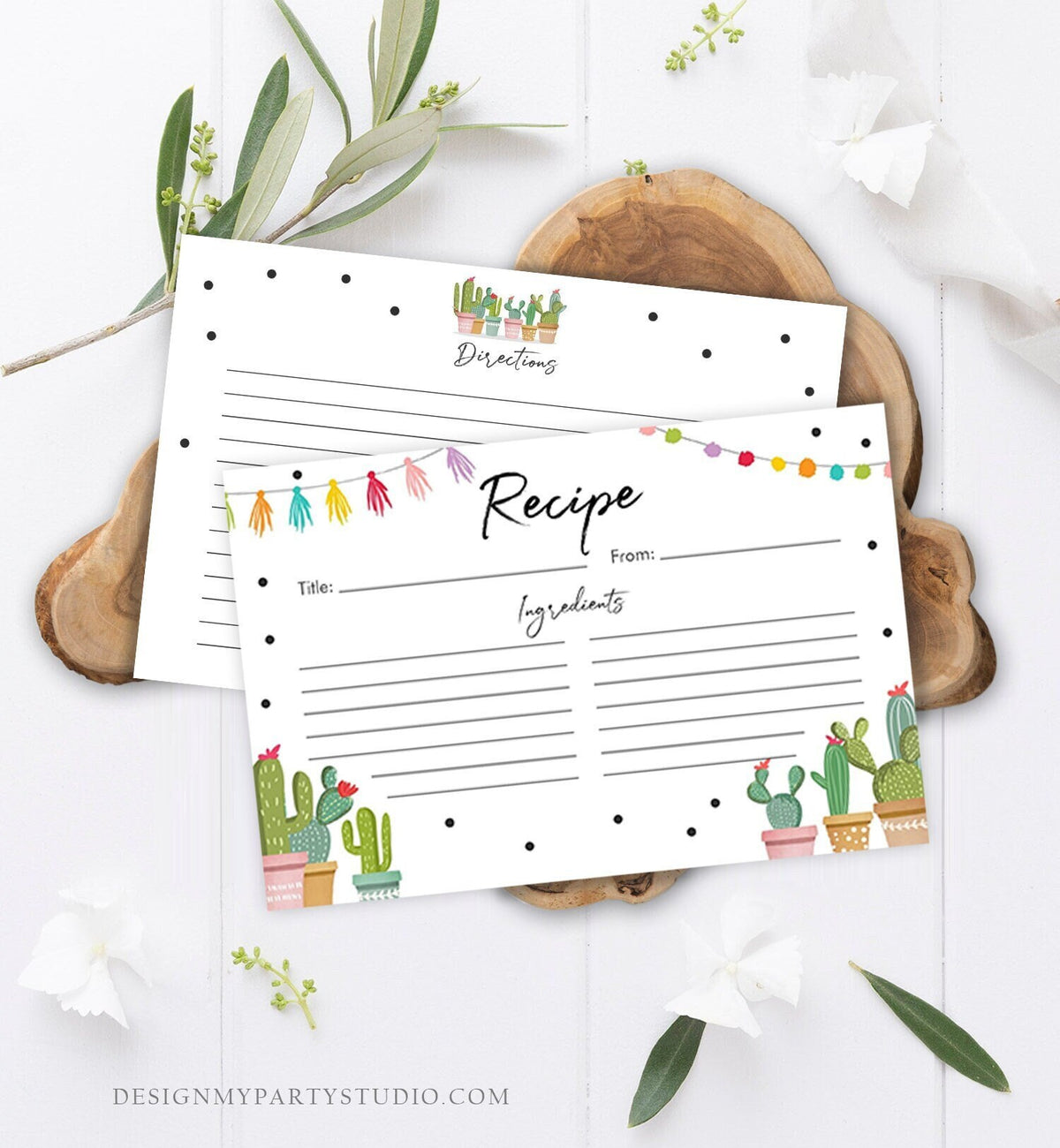 Editable Fiesta Cactus Recipe Cards Fiesta Bridal Shower Baby Succulent Mexican Double Sided 4x6 5x7 Download Corjl Template Printable 0254