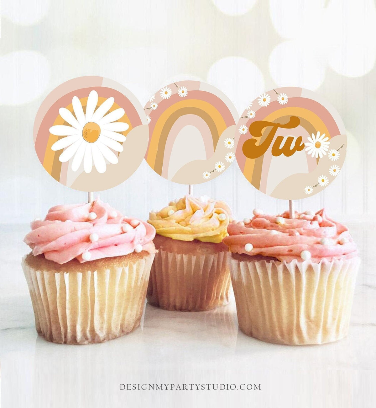 Two Groovy Birthday Cupcake Toppers Favor Tags Retro Daisy Birthday Party Decor 2nd Flower Power Festival Download Digital PRINTABLE 0428