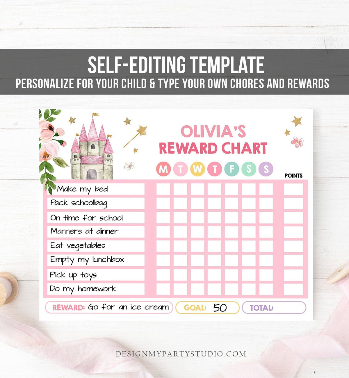 Editable Princess Reward Chart Princess Chore Chart for Kids Routine Chart Pink Girls Castle Chore Chart Corjl Template Printable 0171