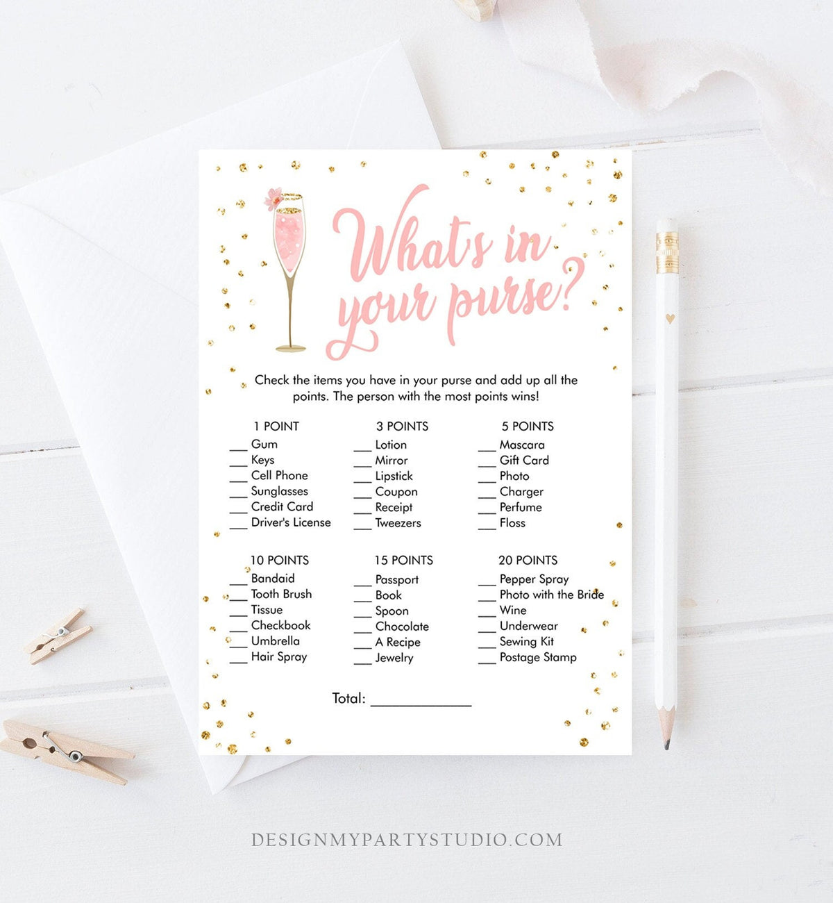 Editable What&#39;s In Your Purse Bridal Shower Game Brunch and Bubbly Whats in Purse Wedding Activity Gold Corjl Template Printable 0150