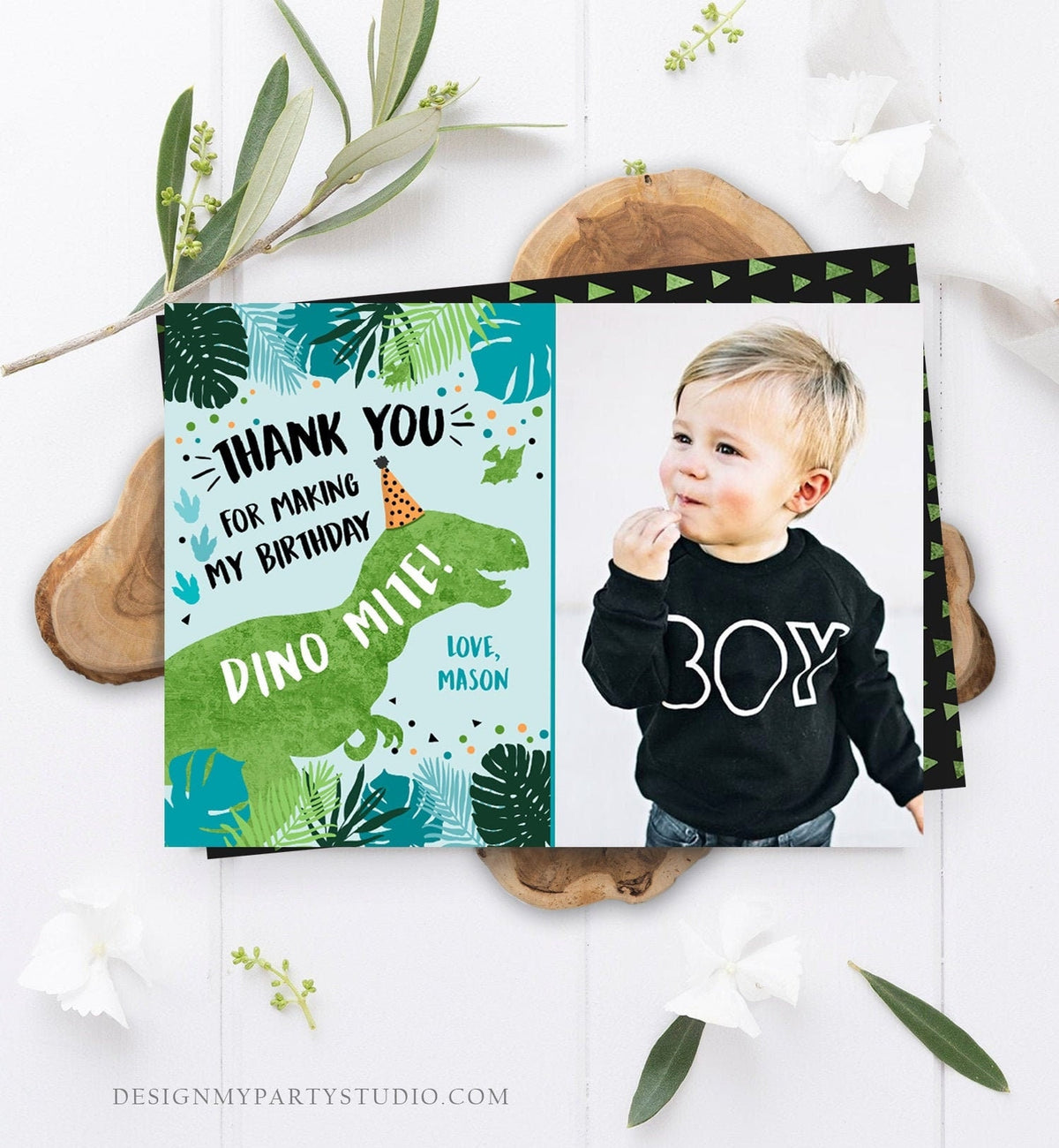 Editable Dinosaur Thank You Card Birthday Boy Black Green Gold Dino Party T-Rex Photo Download Printable Corjl Template Digital 0389