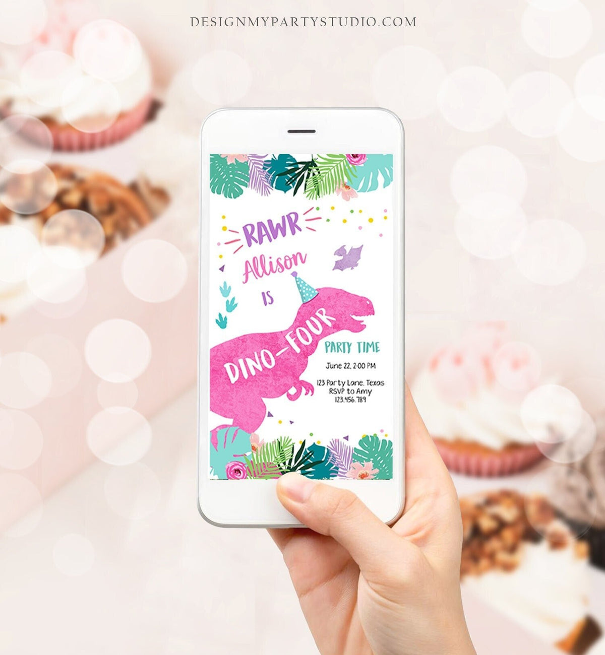 Editable Dino-Four Dinosaur Birthday Evite Dino T-Rex 4th Birthday Invitation Fourth Girl Pink Prehistoric Phone Digital Corjl Template 0423