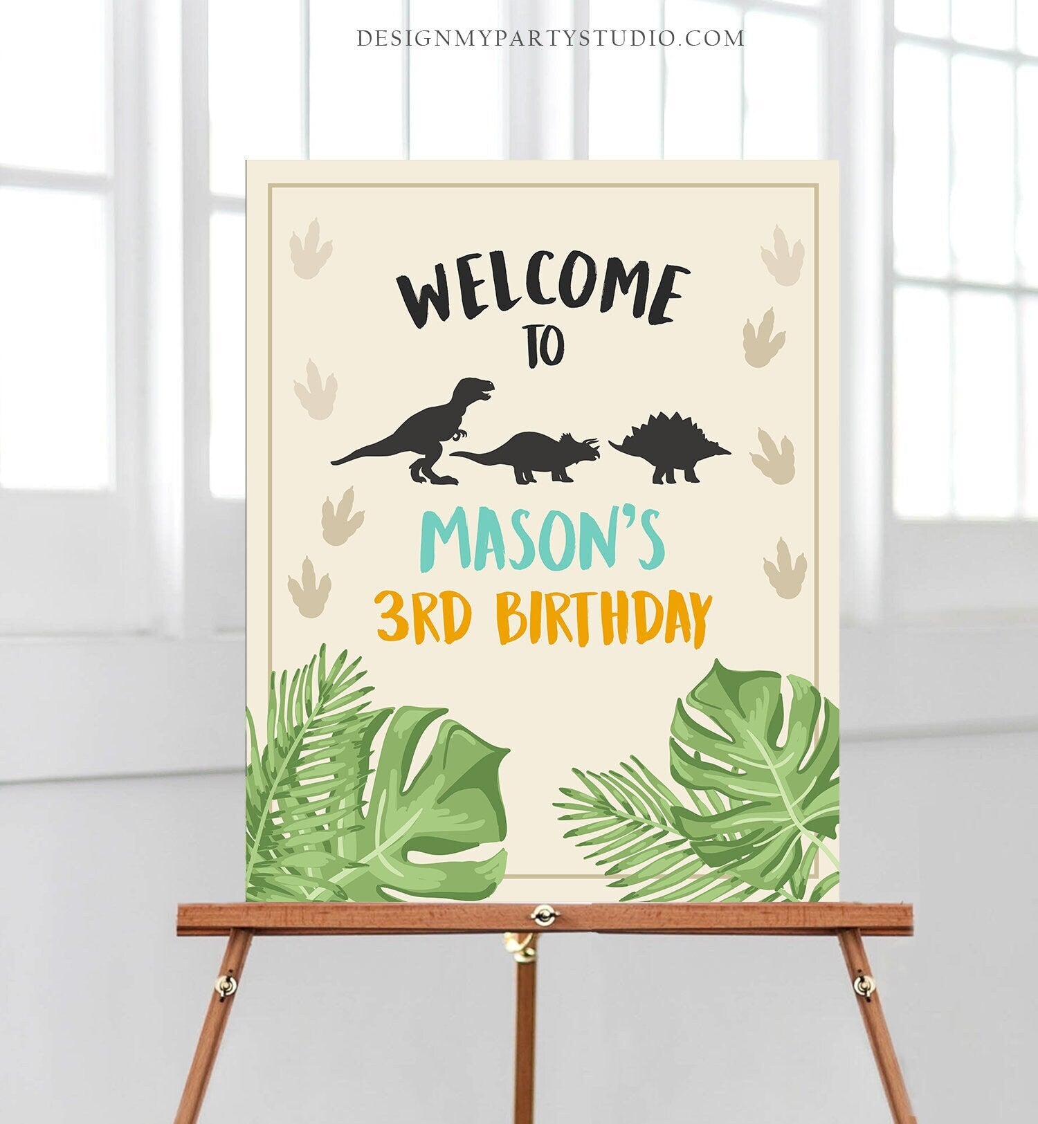 Editable Dinosaur Welcome Sign Birthday Party Table Sign Welcome Dino Dig Party Boy Prehistoric Download Template Printable Corjl 0043