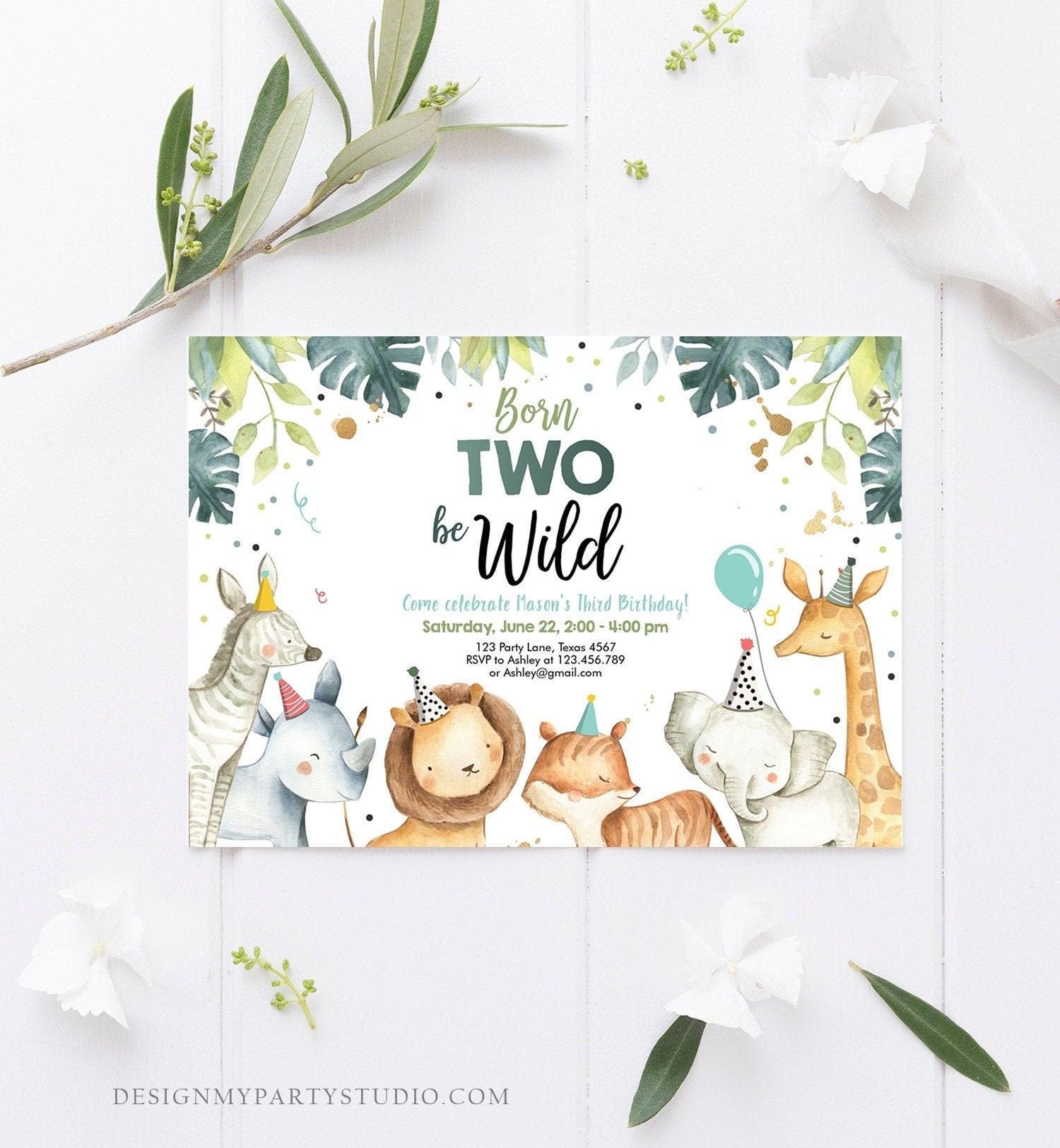 Editable Born Two Be Wild Birthday Invitation Safari Animals Green Gold Boy Jungle Zoo Second Birthday 2nd Printable Corjl Template 0163