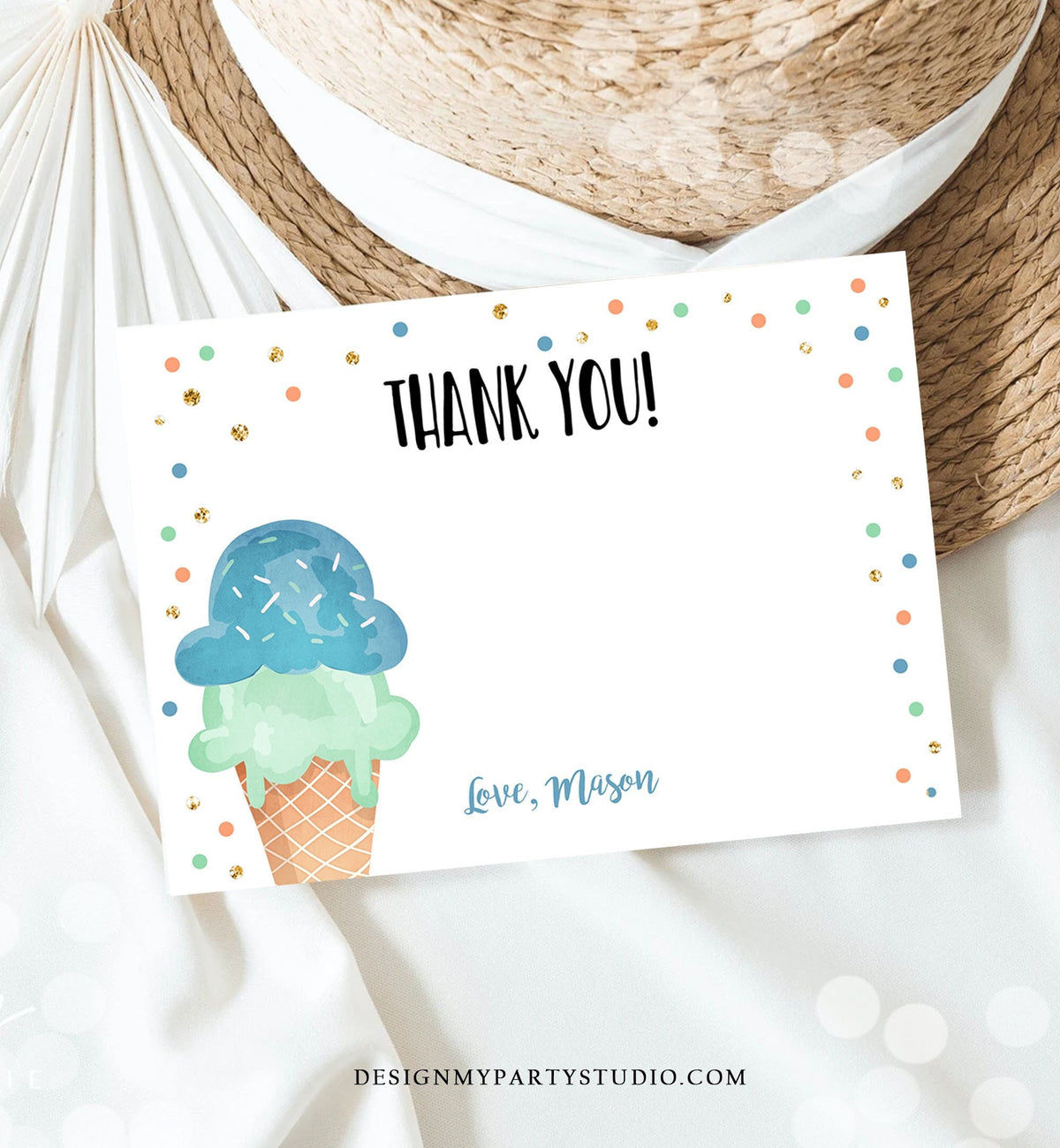 Editable Ice Cream Thank You Card Ice Cream Birthday Thank you Note Boy Birthday Summer Digital Download Corjl Template Printable 0243