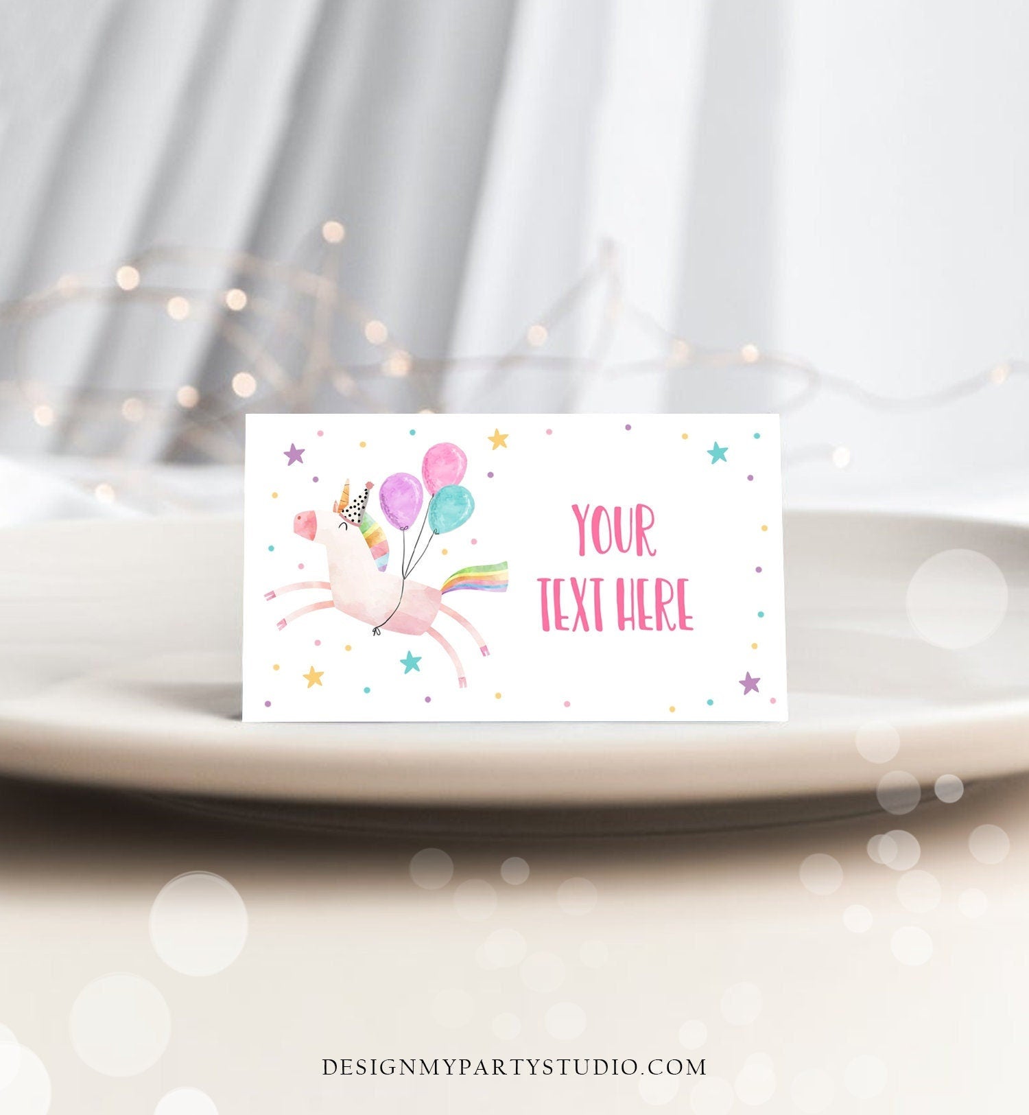 Editable Unicorn Food Labels Magical Rainbow Pink Pastel Girl Birthday Place Card Tent Card Escort Card Digital Download Corjl Template 0336