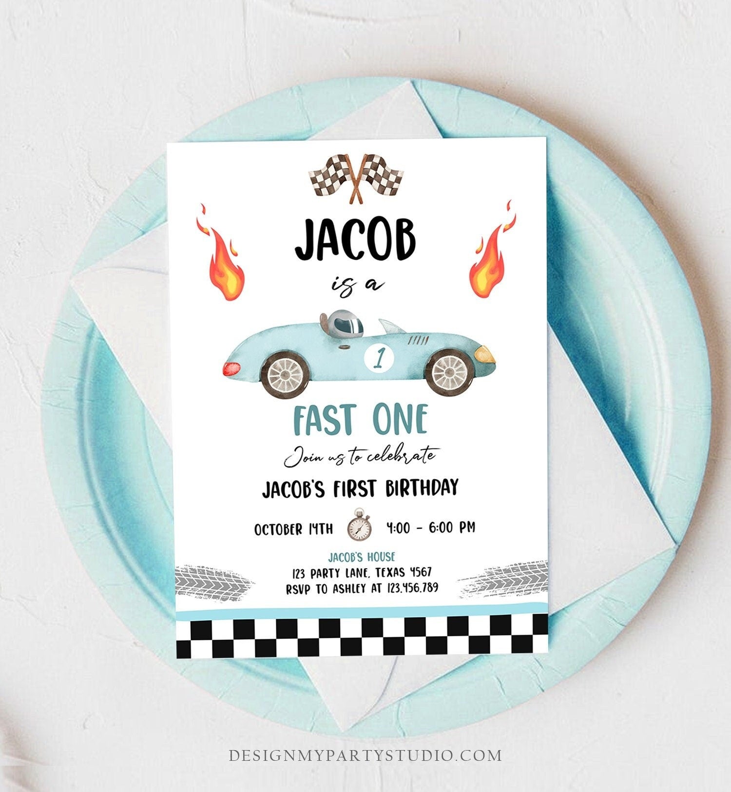 Editable Race Car 1st Birthday Invitation Fast One Invite First Birthday Racing Party Boy Download Printable Template Digital Corjl 0424