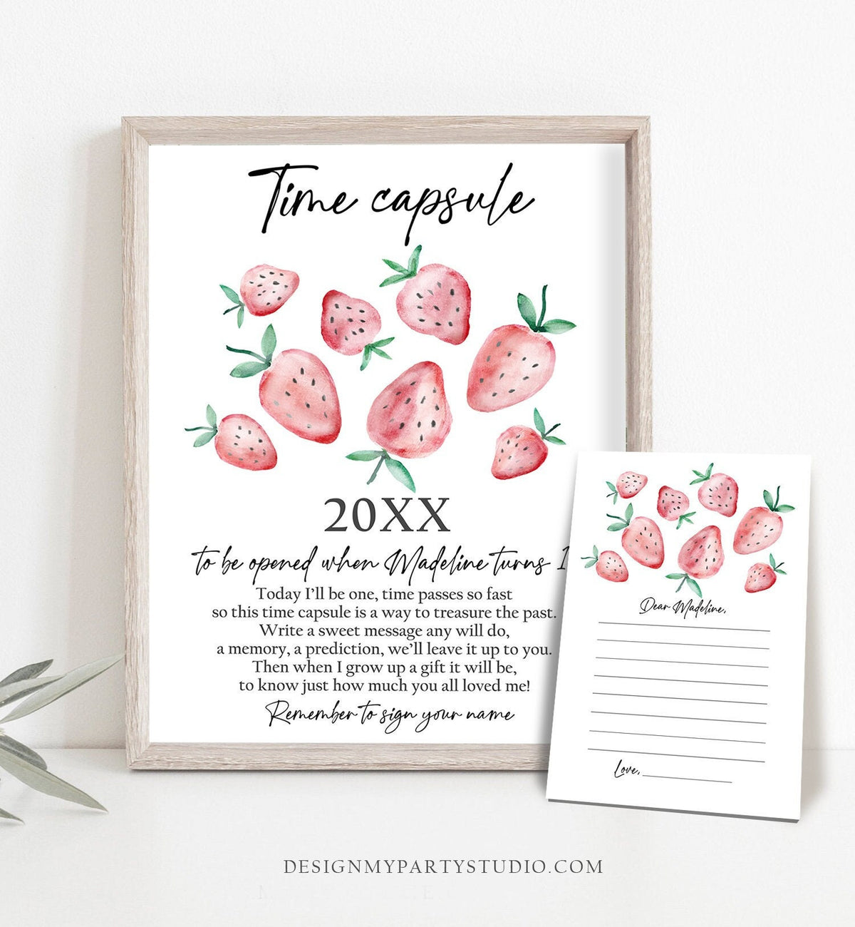 Editable Time Capsule Strawberry First Birthday Party Strawberry Decorations Berry Sweet Party Girl Pink Template Printable Corjl 0399