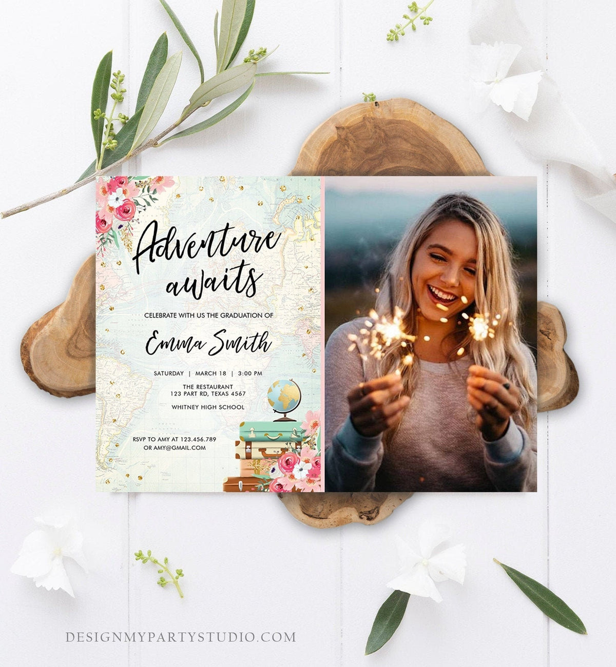 Editable Adventure Awaits Graduation Party Invitation Vintage Travel Around the World Pink Gold High School Grad College Corjl Template 0030