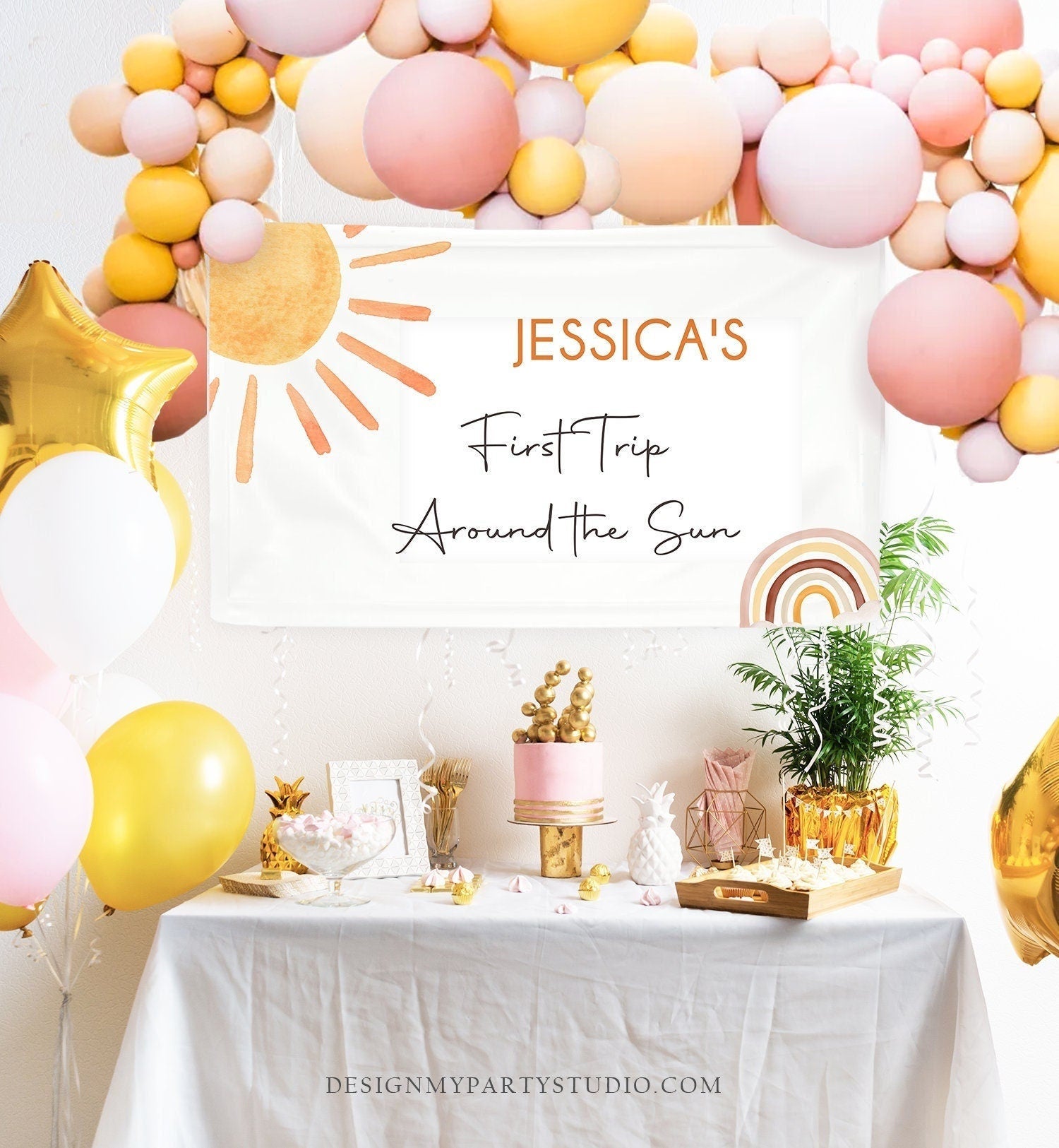 Editable Sun Backdrop Banner Boho Sun Birthday First Trip Around the Sun 1st Birthday Little Sunshine Download Corjl Template Printable 0431