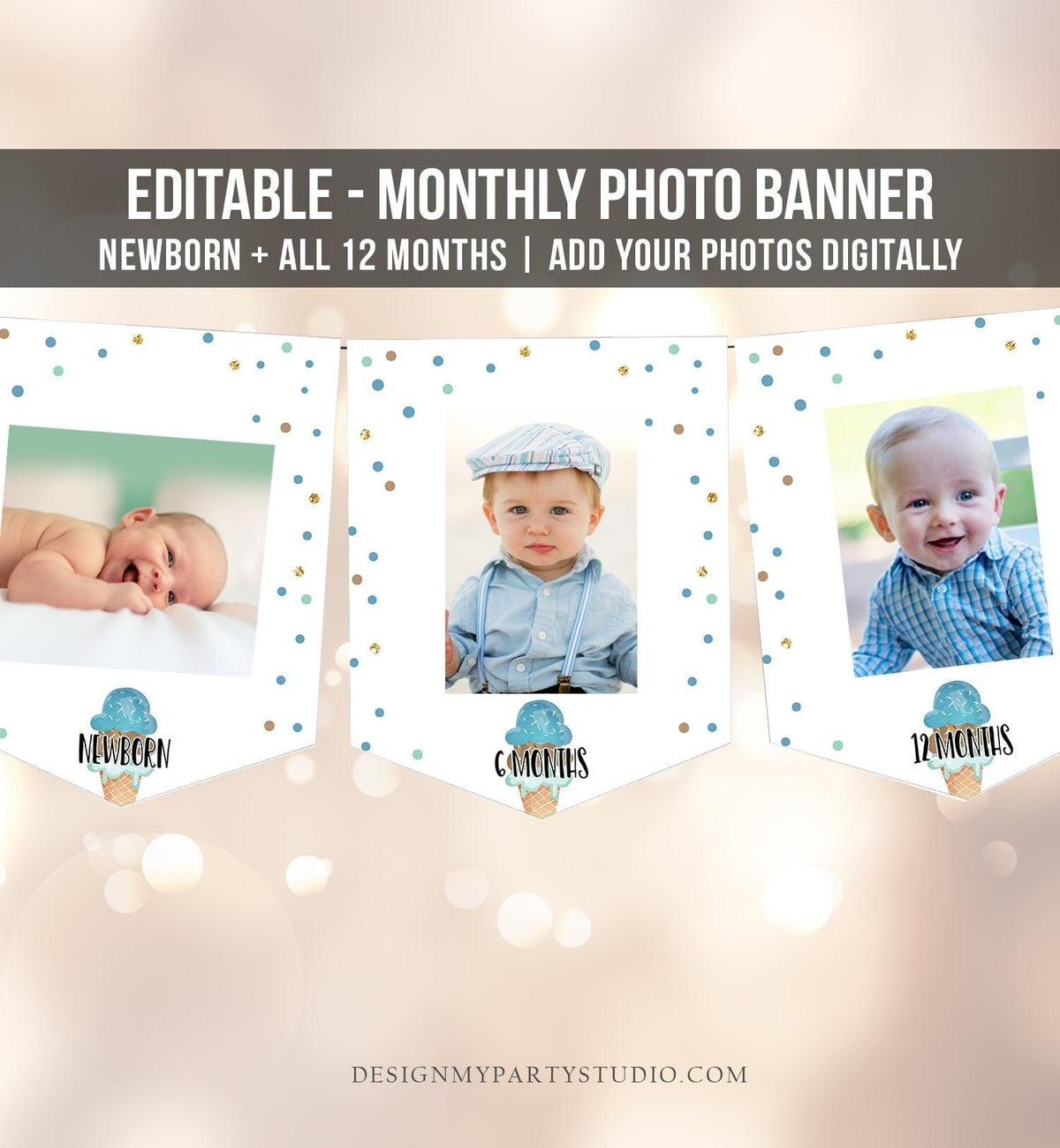 Editable Ice Cream Monthly Photo Banner First Birthday Boy Blue Brown Mint Sweet One Decor Instant Download Corjl Template Printable 0243