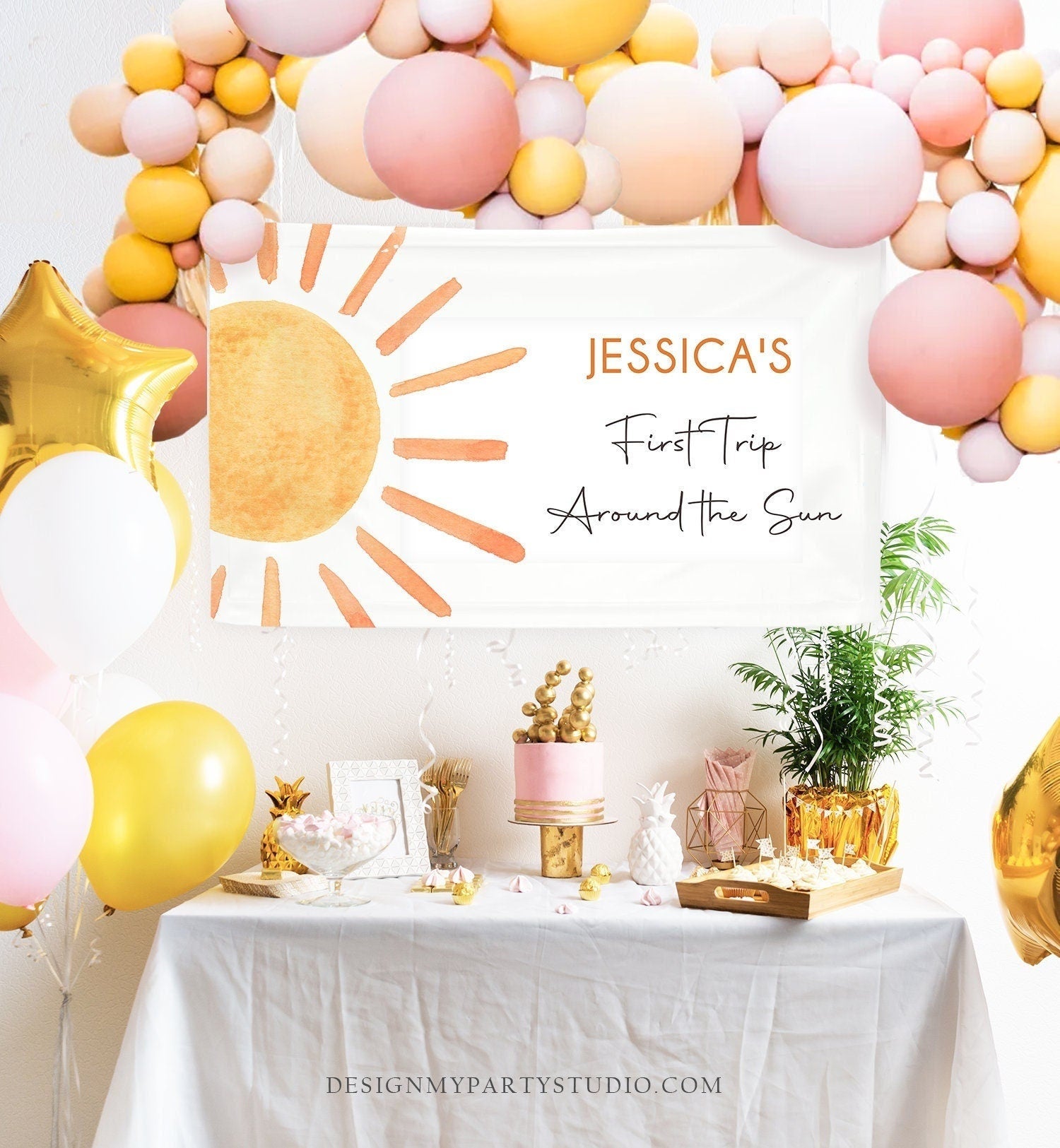 Editable Sun Backdrop Banner Boho Sun Birthday First Trip Around the Sun 1st Birthday Little Sunshine Download Corjl Template Printable 0431