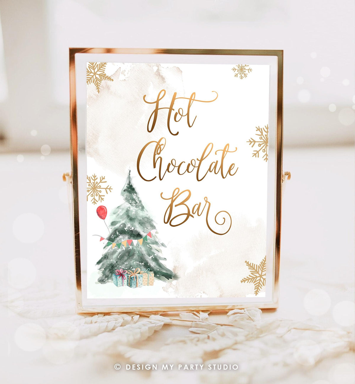 Hot Chocolate Bar Sign Winter Tree Watercolor Snow Boy Neutral Birthday Cocoa Bar Drink Station Neutral Gold Digital Download Printable 0363