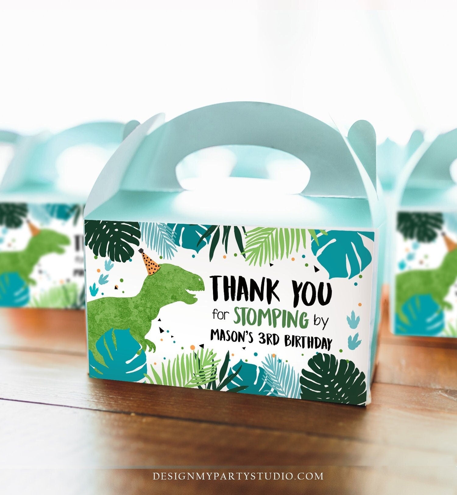 Editable Dinosaur Gable Gift Box Labels Dinosaur Party Favors Dino Birthday Boy Dino Stomping By Blue T-Rex Digital Corjl Printable 0389