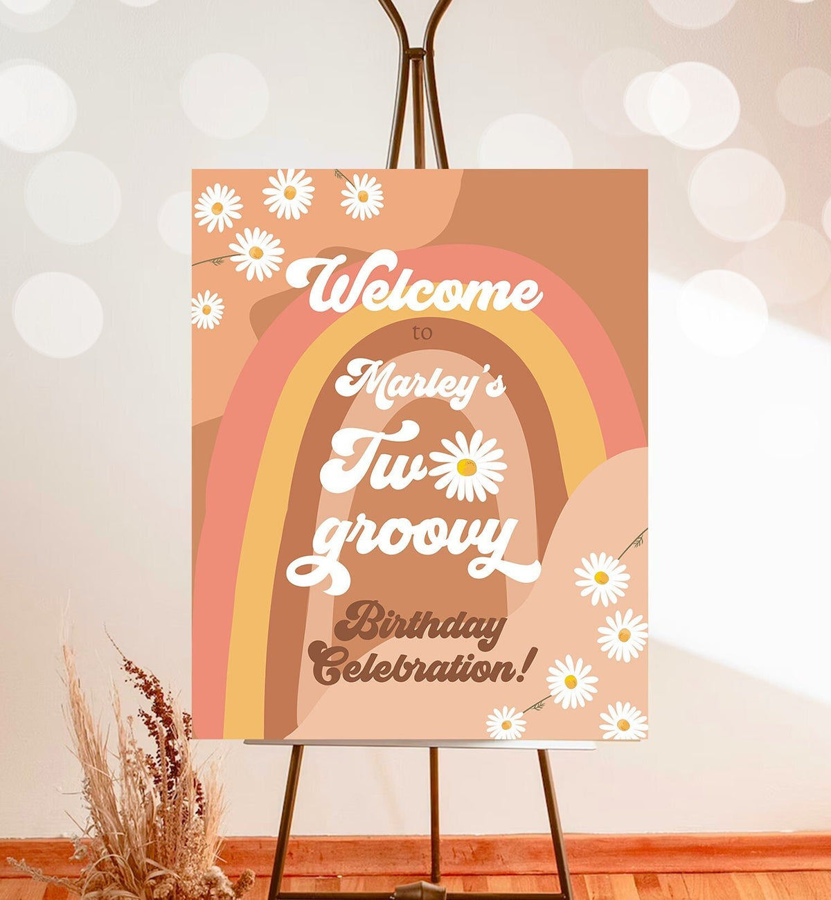 Editable Two Groovy Birthday Welcome Sign Floral Boho 2nd Birthday Welcome Sign Retro 70&#39;s Hippie Festival Template Corjl PRINTABLE 0428