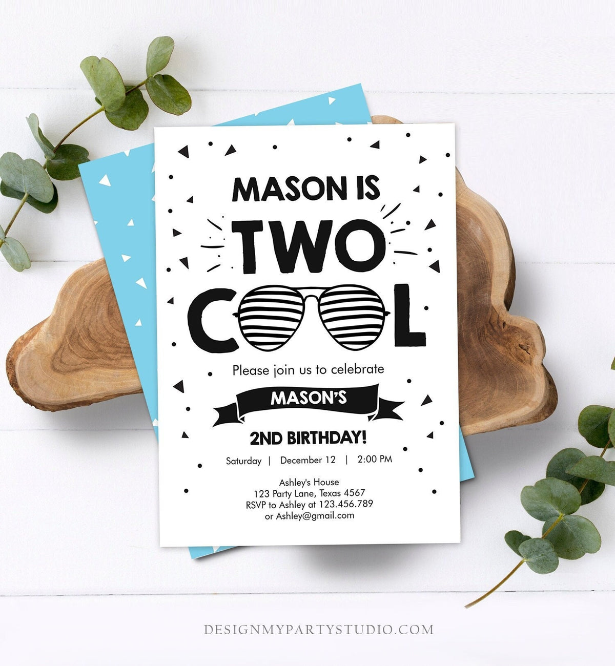 Editable Two Cool Birthday Invitation Boy Second Birthday Party 2nd I&#39;m this Many I&#39;m Two Cool Sunglasses Palm Printable Corjl Template 0136