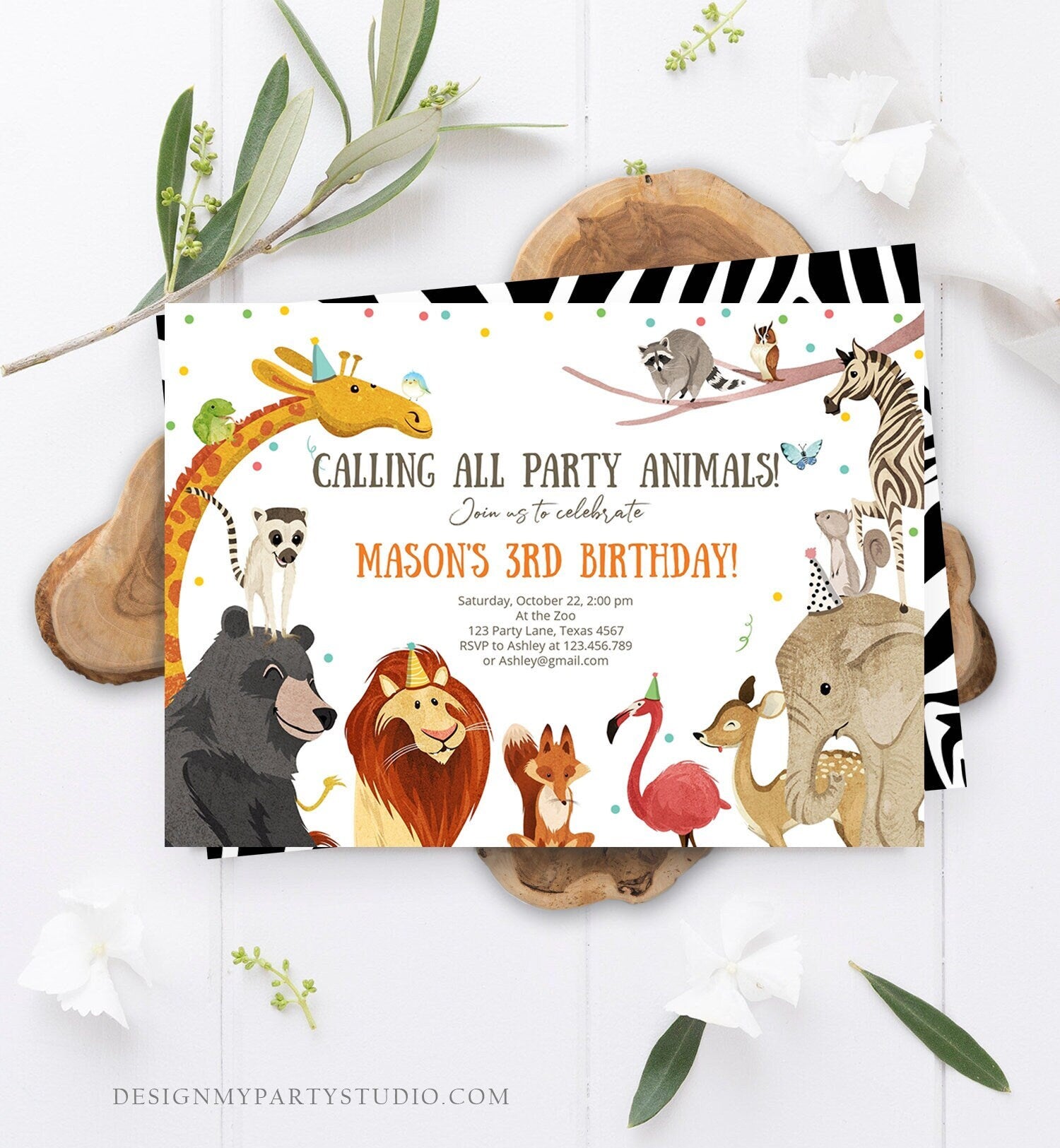 Editable Calling All Party Animals Birthday Invitation Wild One Safari Animals Safari Party Digital Download Corjl Template Printable 0196