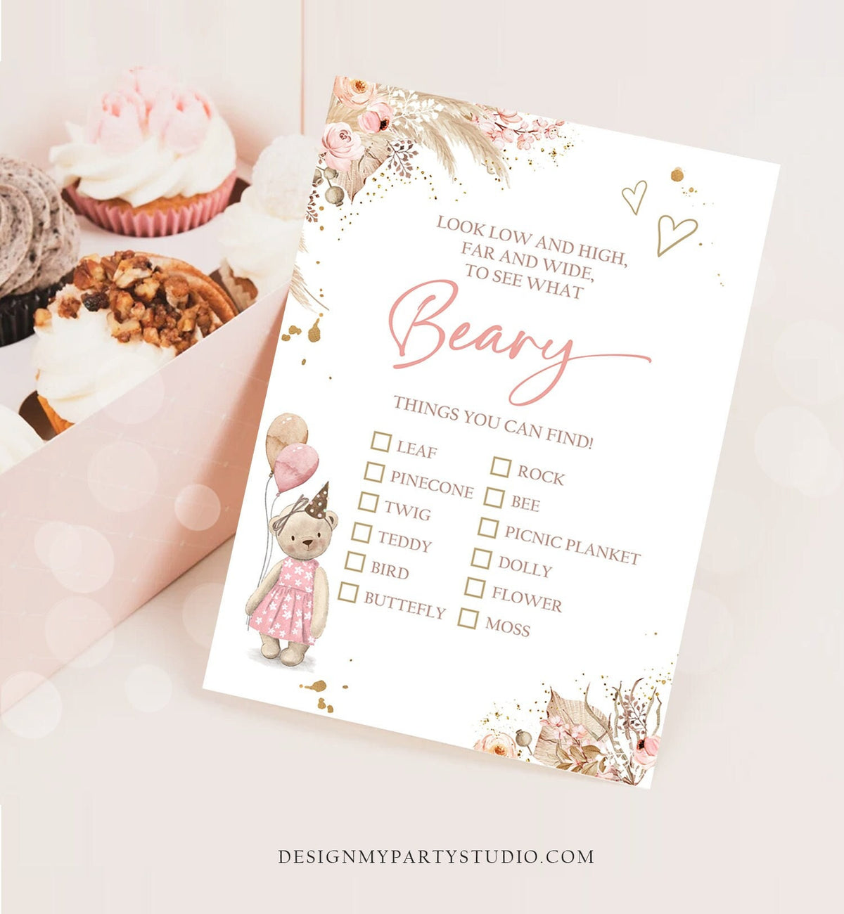 Editable Scavenger Hunt Checklist Game Party Bear Birthday Activity Whimsical Teddy Bear Forest Garden Girl Download Corjl Template 0421