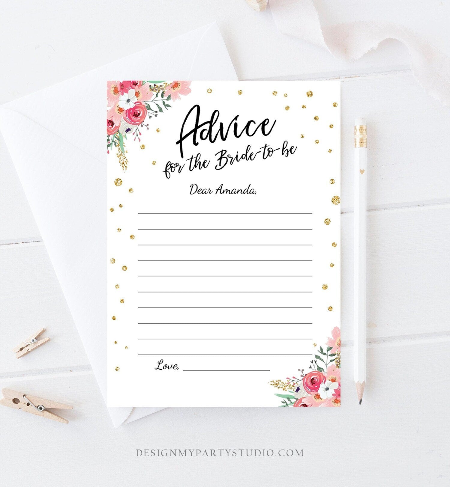 Editable Advice for the Bride-to-Be Card Words of Wisdom Advice for Bride Floral Pink Gold Game Activity Corjl Template Printable 0030 0318