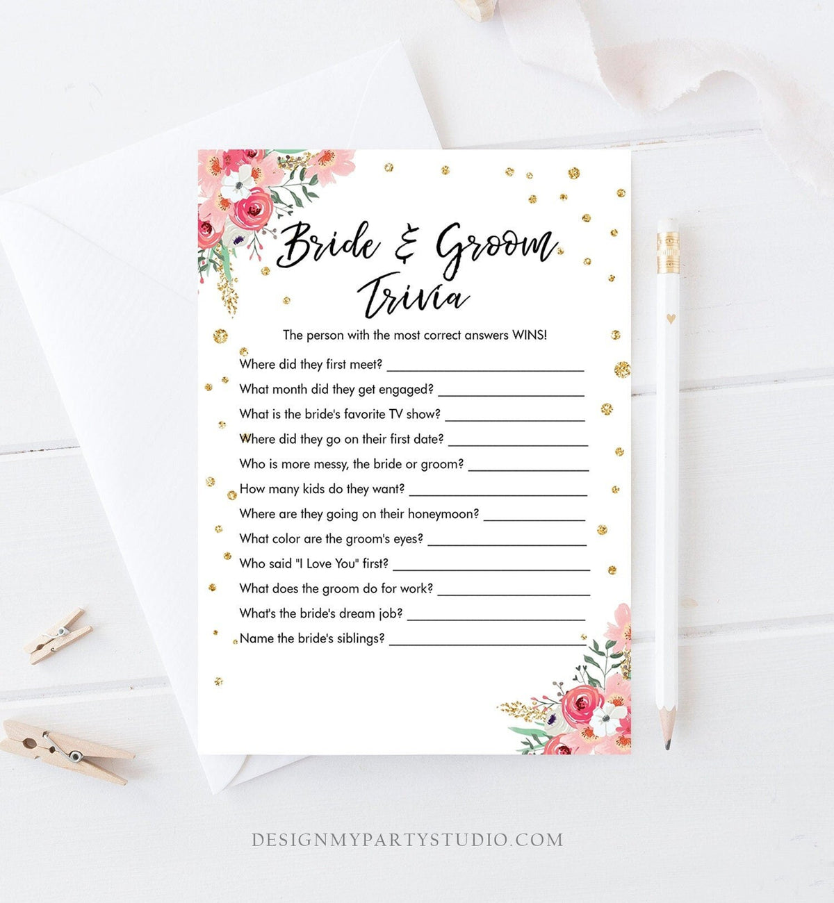 Editable Bride and Groom Trivia Bridal Shower Game Floral Pink Gold Confetti What Did He or She Said Download Corjl Printable 0030 0318