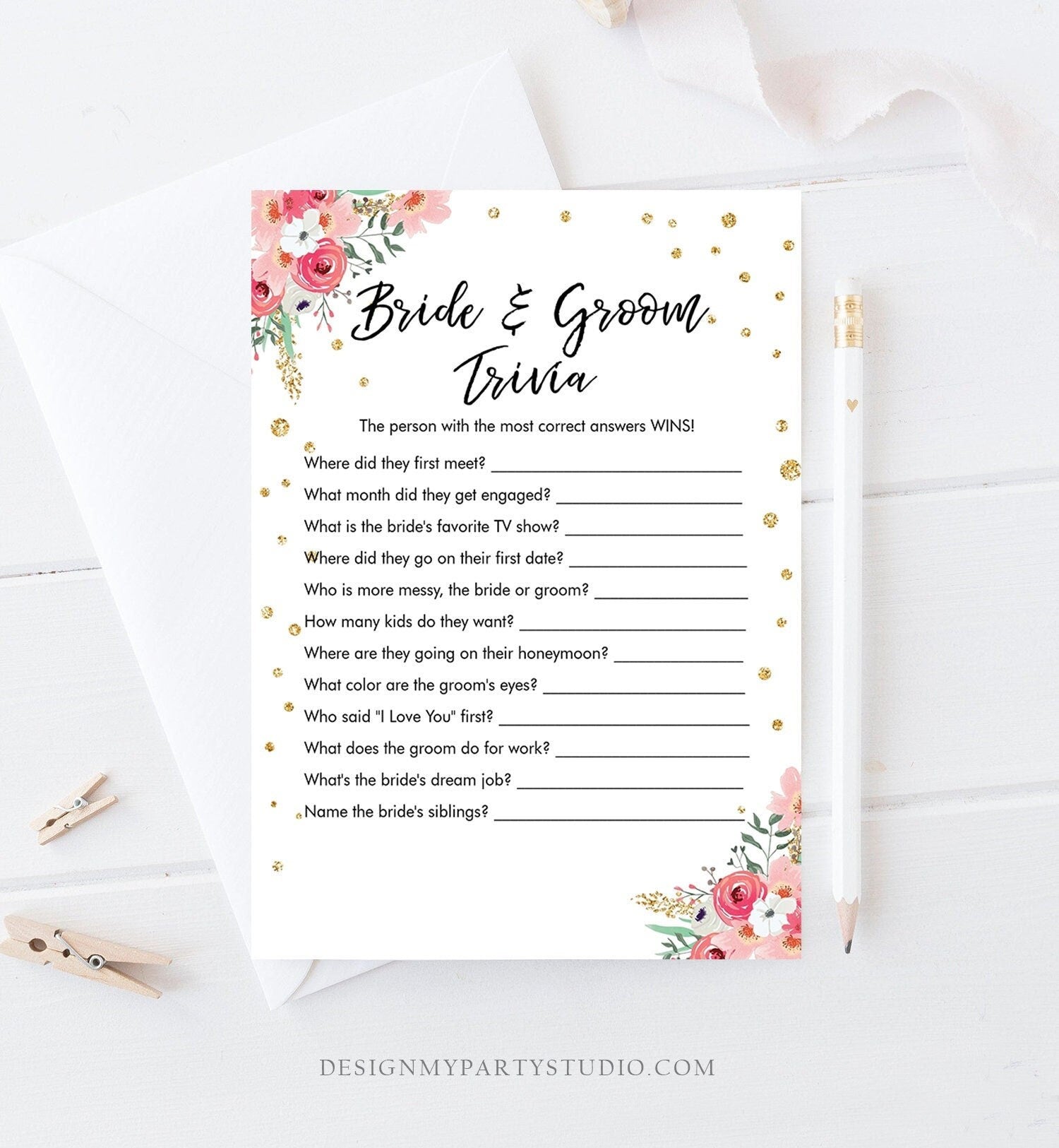 Editable Bride and Groom Trivia Bridal Shower Game Floral Pink Gold Confetti What Did He or She Said Download Corjl Printable 0030 0318