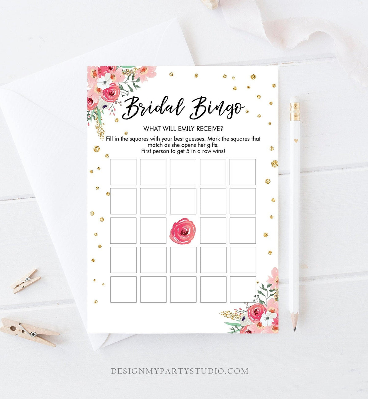 Editable Bingo Bridal Shower Game Wedding Shower Activity Floral Pink Gold Confetti Travel Flowers Corjl Template Printable 0030 0318